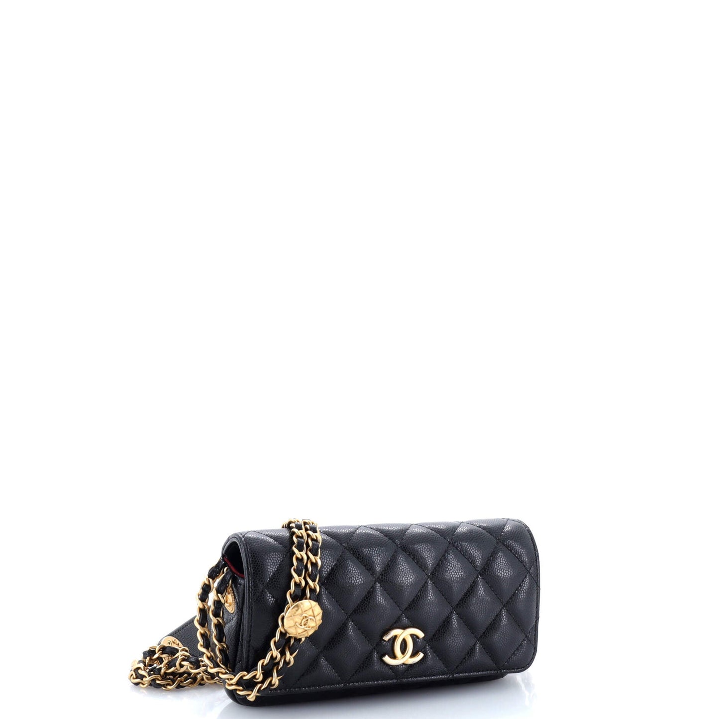 Twist Your Buttons Flap Clutch with Chain Quilted Caviar
