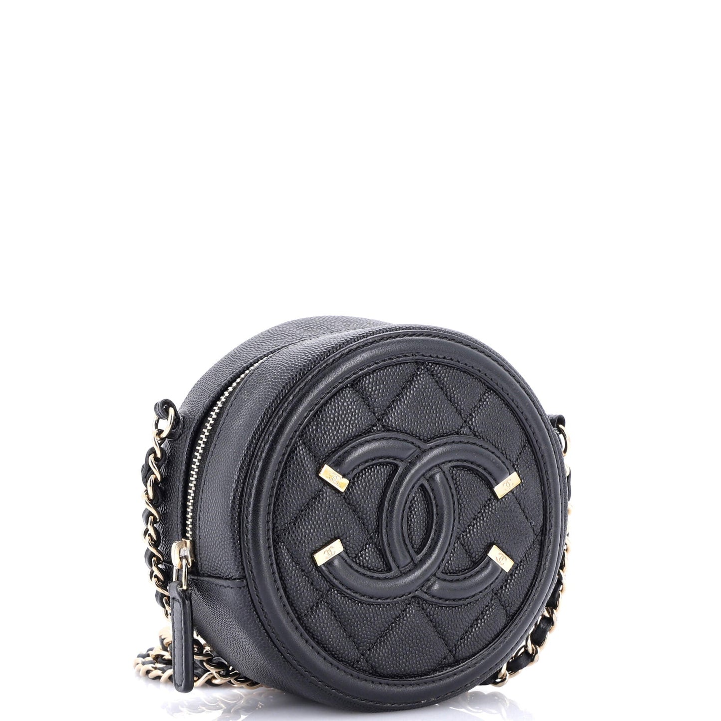 Filigree Round Clutch with Chain Quilted Caviar Mini
