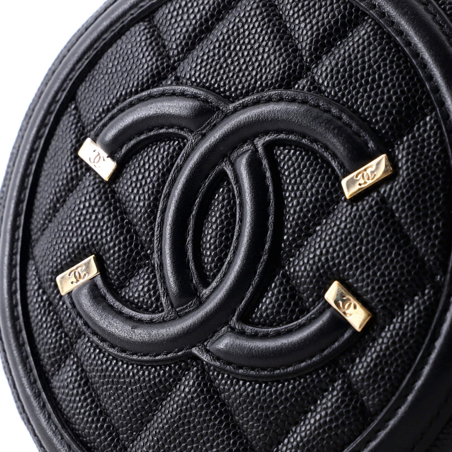 Filigree Round Clutch with Chain Quilted Caviar Mini