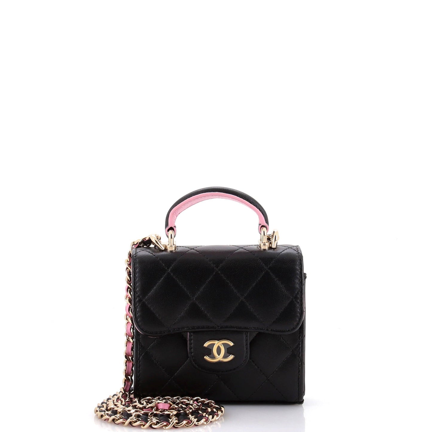 Square Classic Flap Top Handle Clutch with Chain Quilted Lambskin