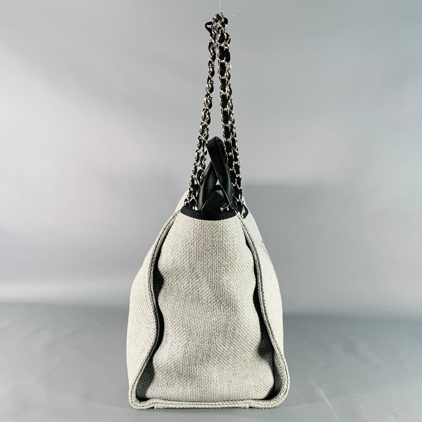 CHANEL Deanville Black Grey Tweed Straw Canvas Tote Leather Handles Handbag