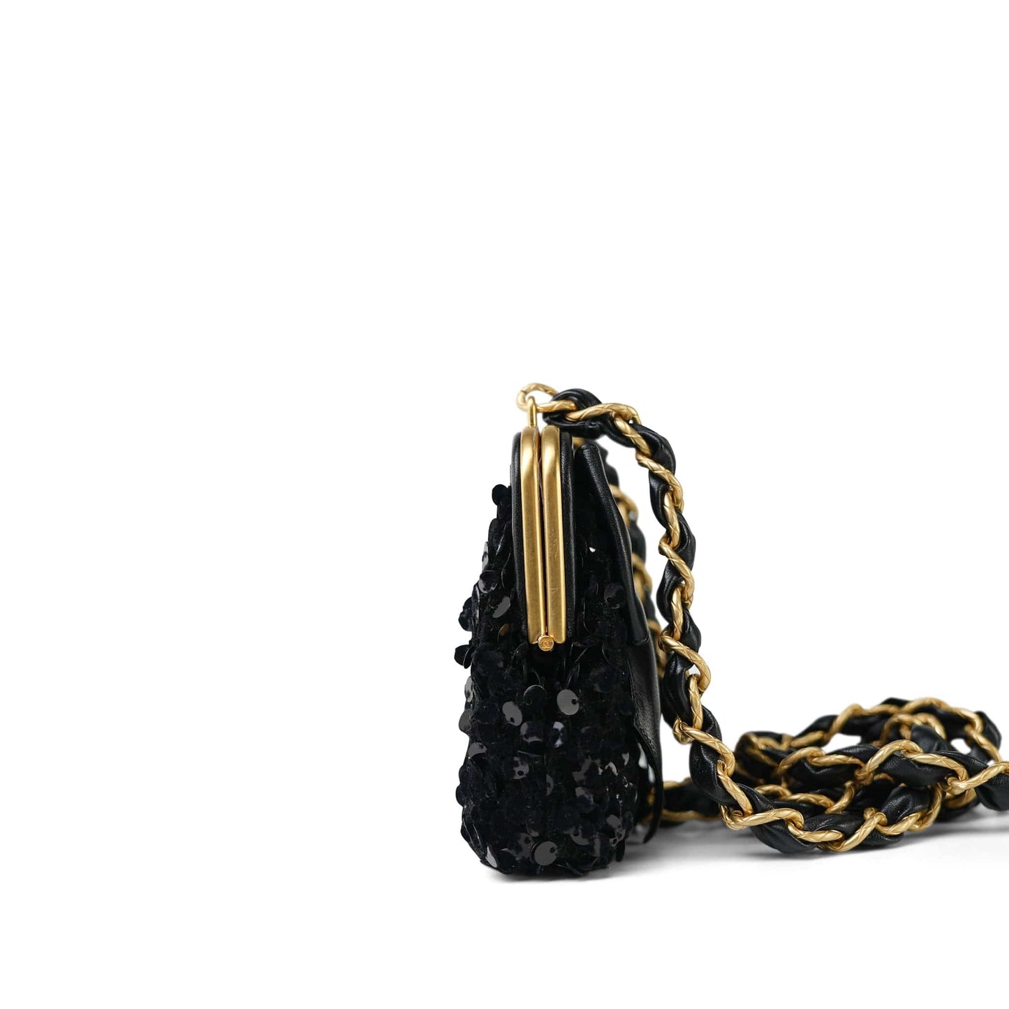 24A Black Sequin Tweed Lambskin Bow Clutch With Chain Aged Gold Hardware