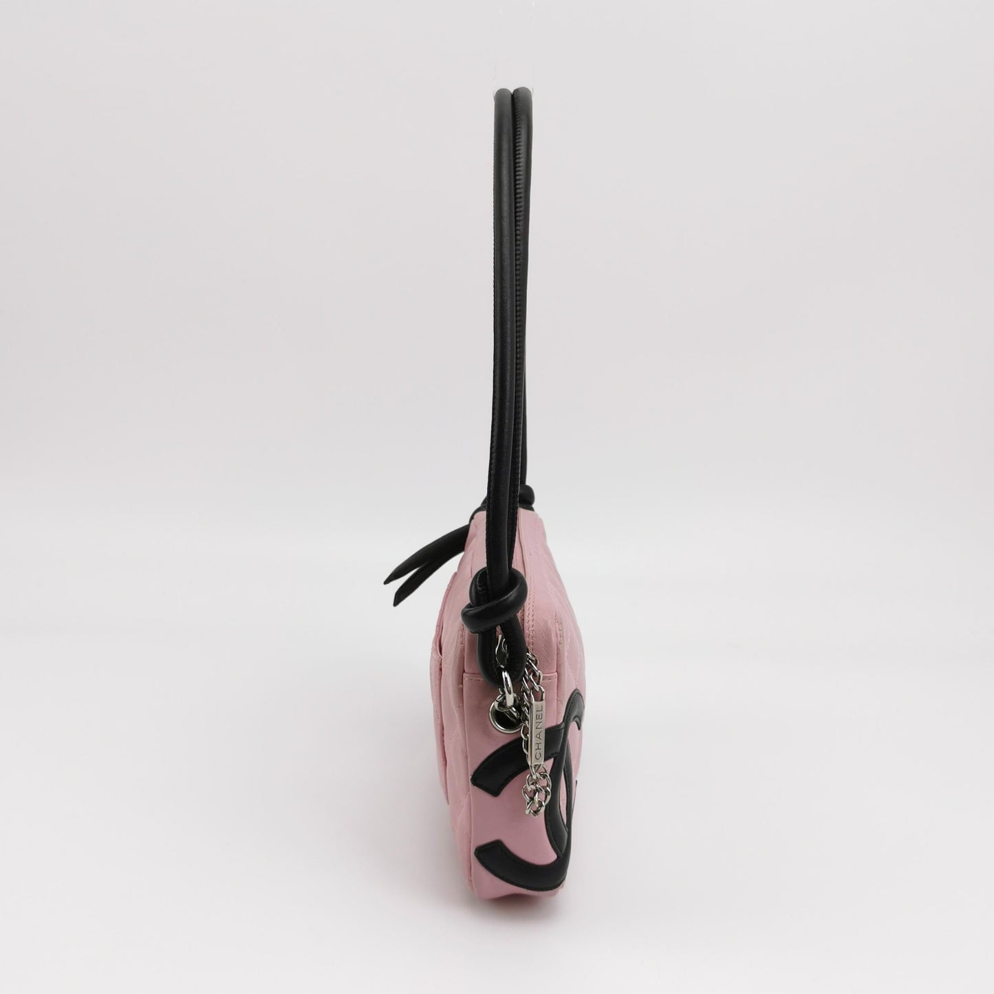 Chanel Cambon Clutch Shoulder Bag Pink Calfskin Leather Black Strap