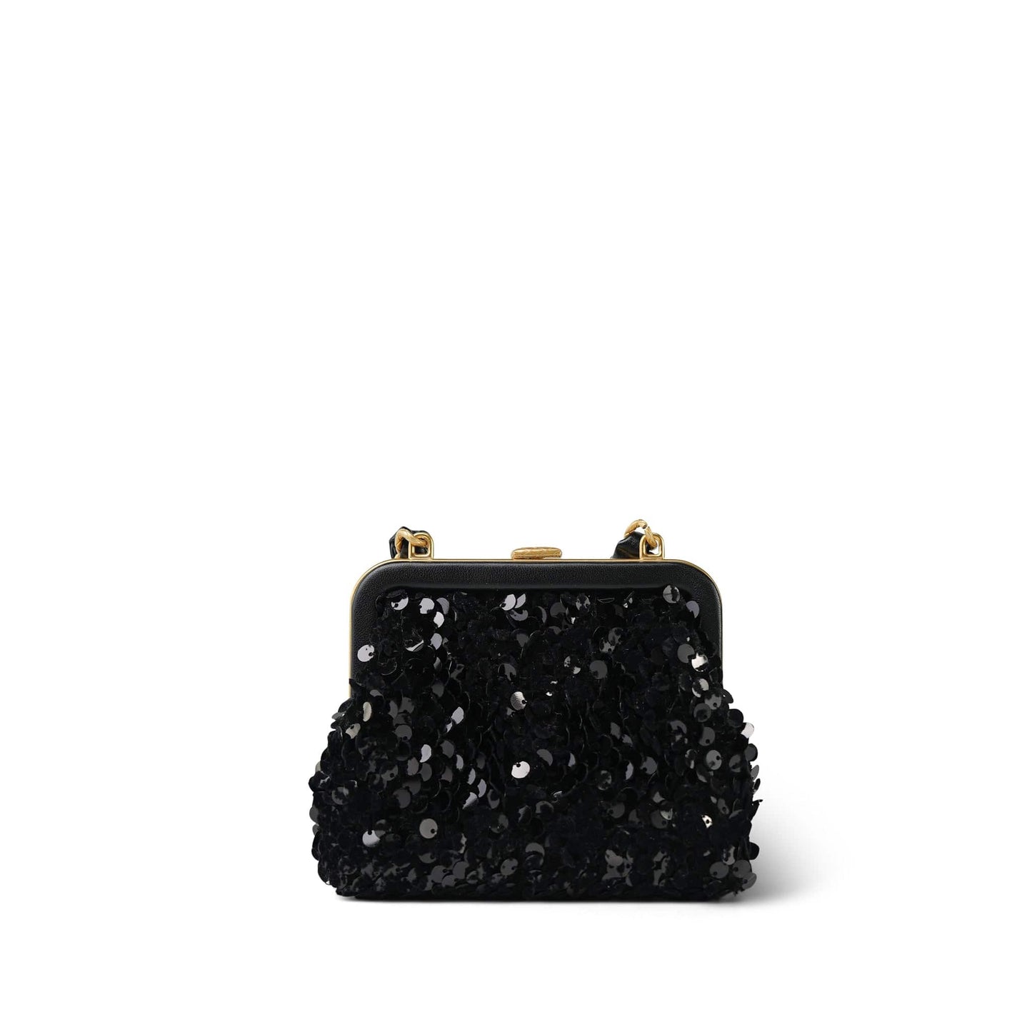 24A Black Sequin Tweed Lambskin Bow Clutch With Chain Aged Gold Hardware