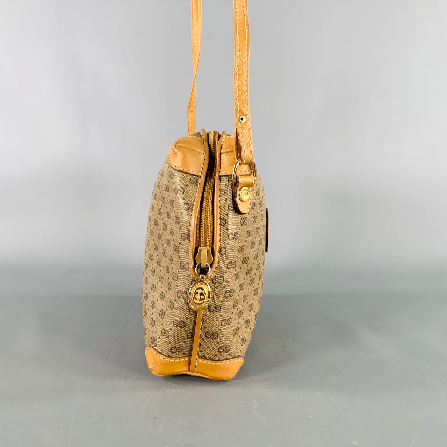GUCCI Beige Tan Monogram Leather Coated Canvas Crossbody Handbag