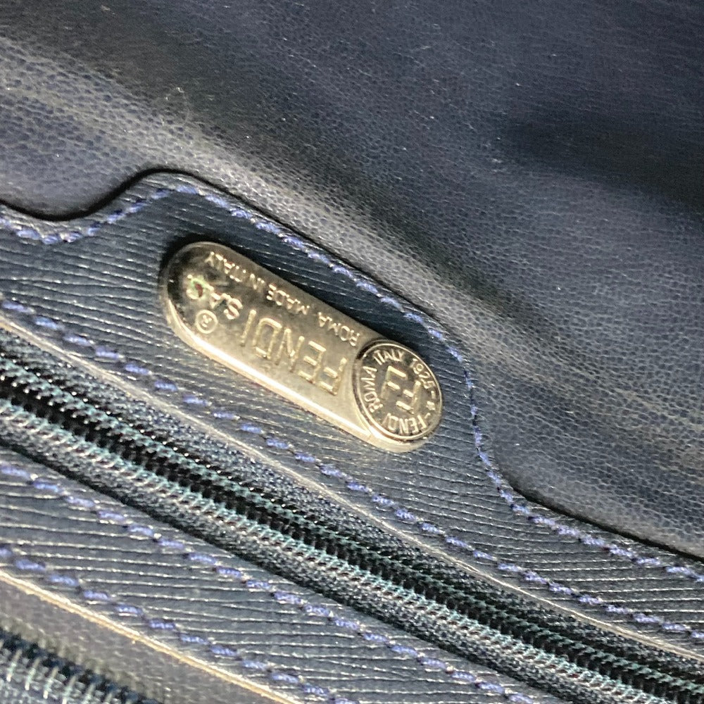 FENDI Shoulder Bag leather Navy Metal plate logo