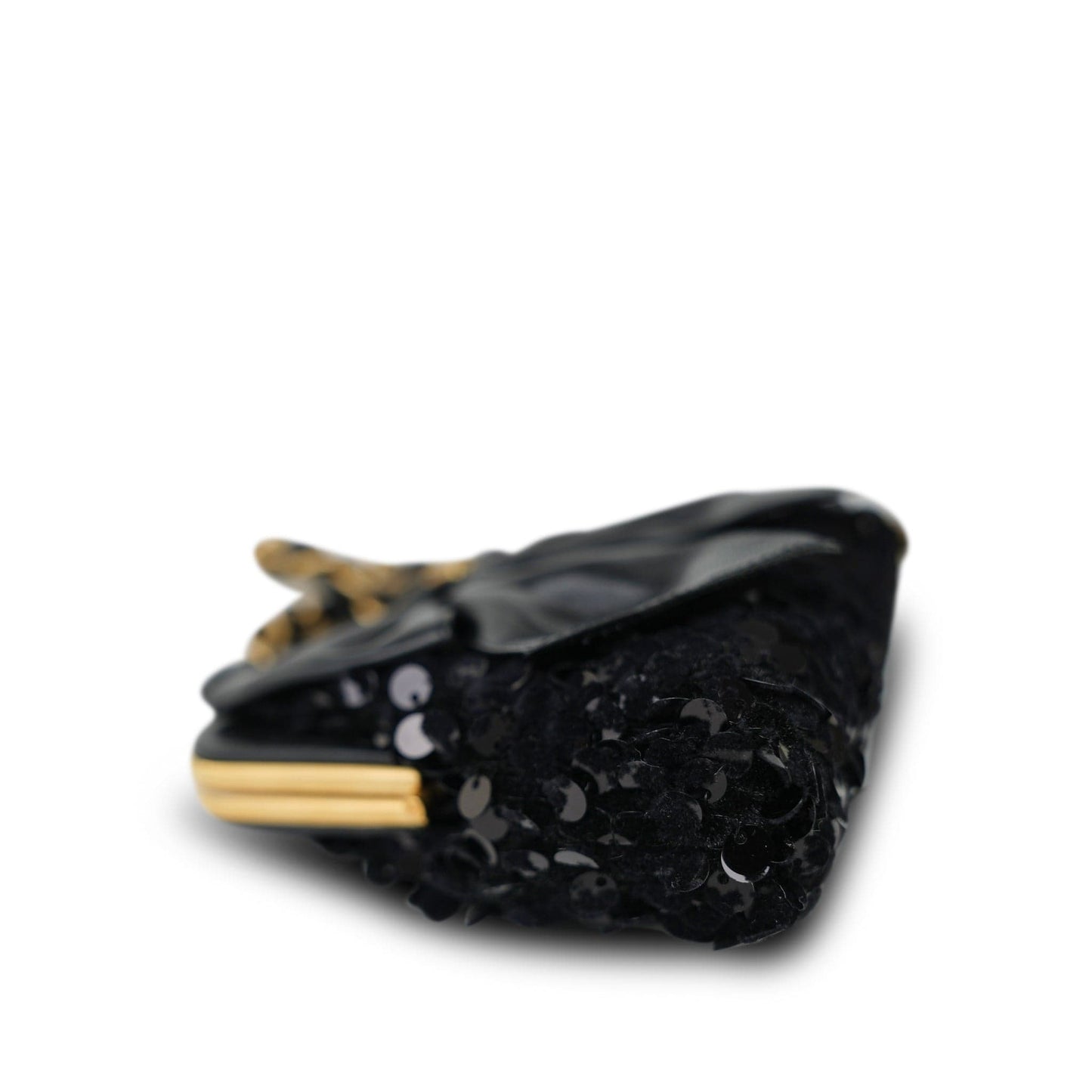 24A Black Sequin Tweed Lambskin Bow Clutch With Chain Aged Gold Hardware