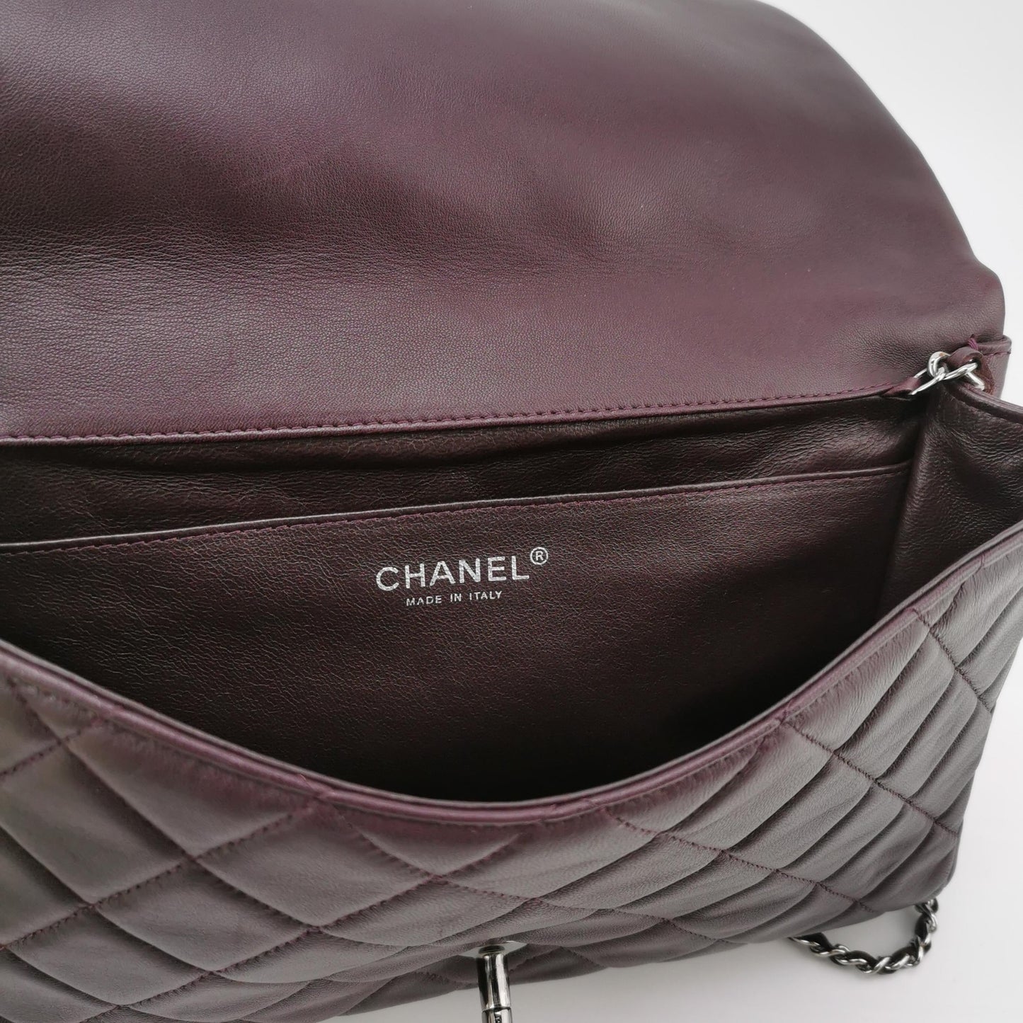Chanel Envelope Clutch Shoulder Bag Burgundy Wine Lambskin Leather Silver Hardware