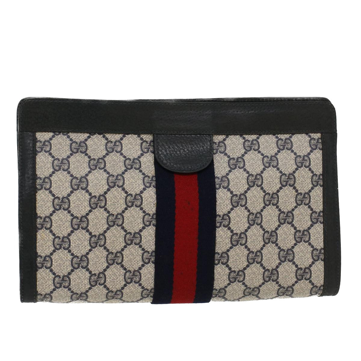 GUCCI GG Canvas Sherry Line Clutch Bag Gray Red Navy