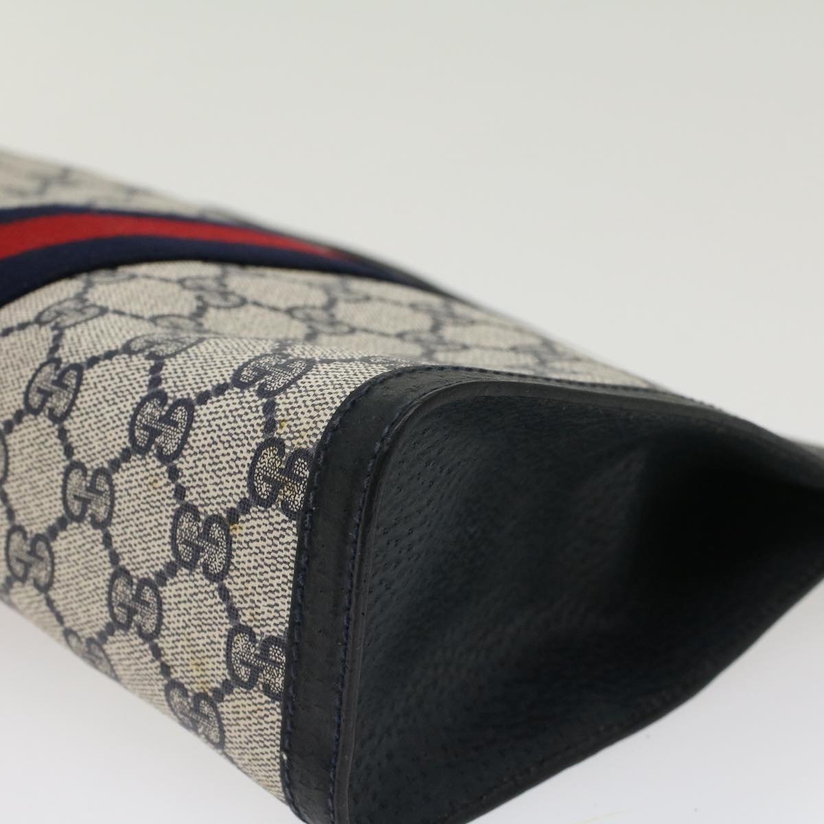 GUCCI GG Canvas Sherry Line Clutch Bag Gray Red Navy