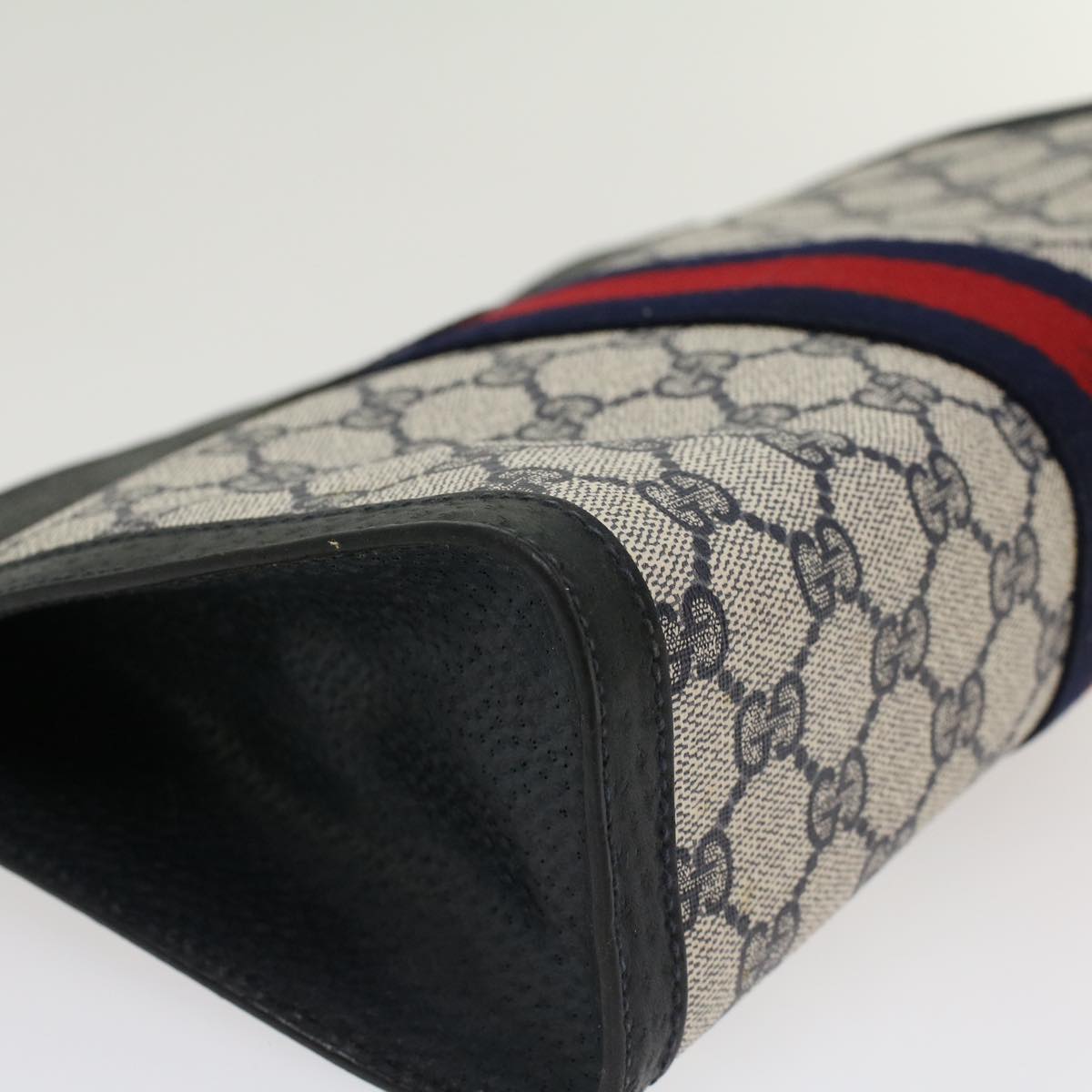 GUCCI GG Canvas Sherry Line Clutch Bag Gray Red Navy