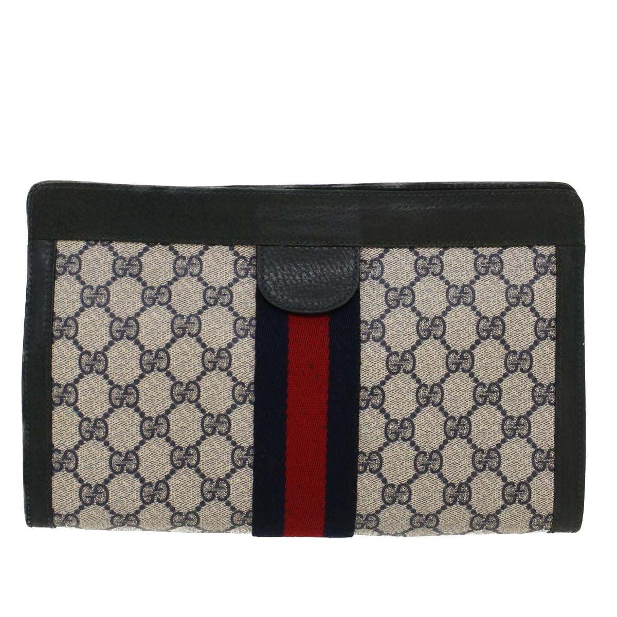 GUCCI GG Canvas Sherry Line Clutch Bag Gray Red Navy