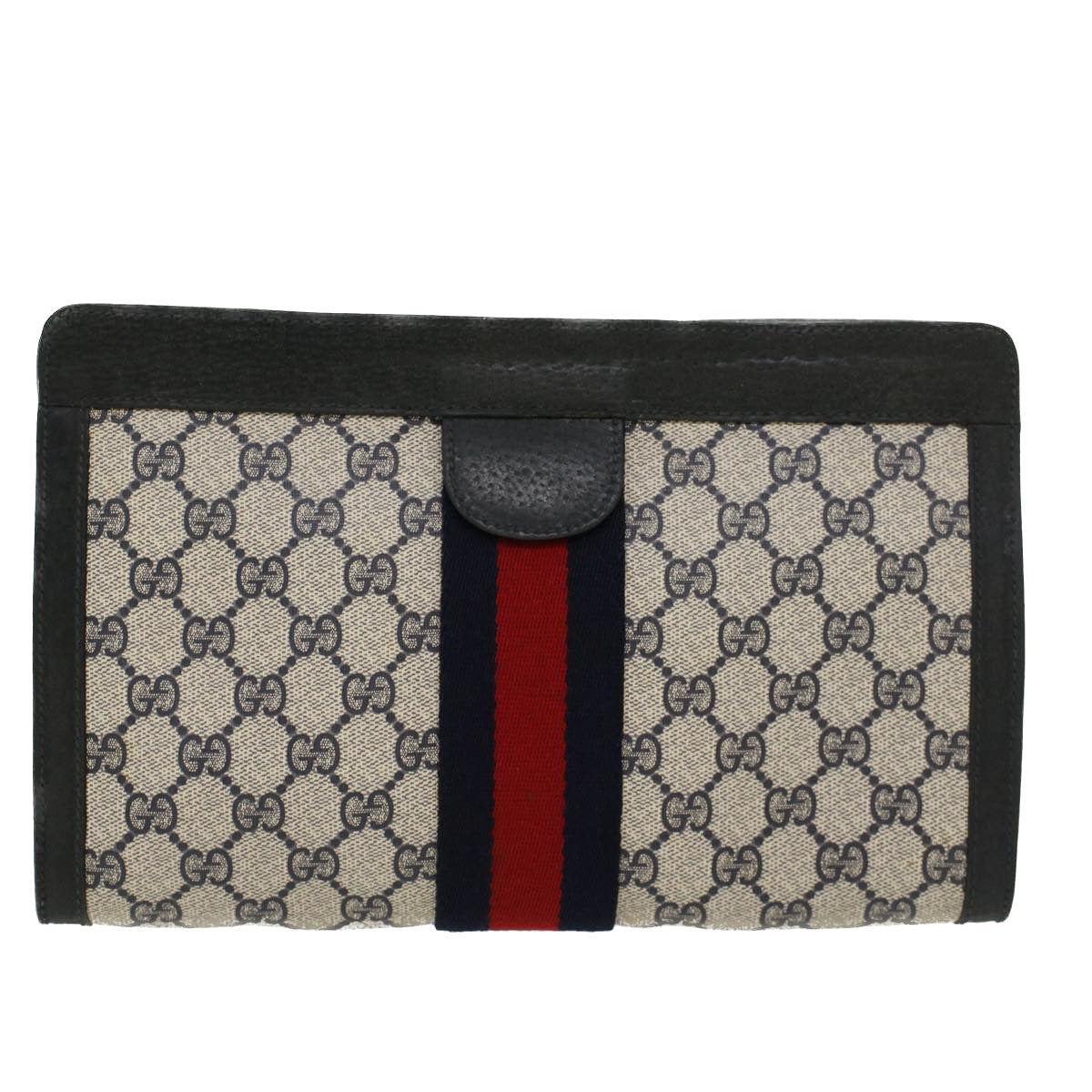 GUCCI GG Canvas Sherry Line Clutch Bag Gray Red Navy