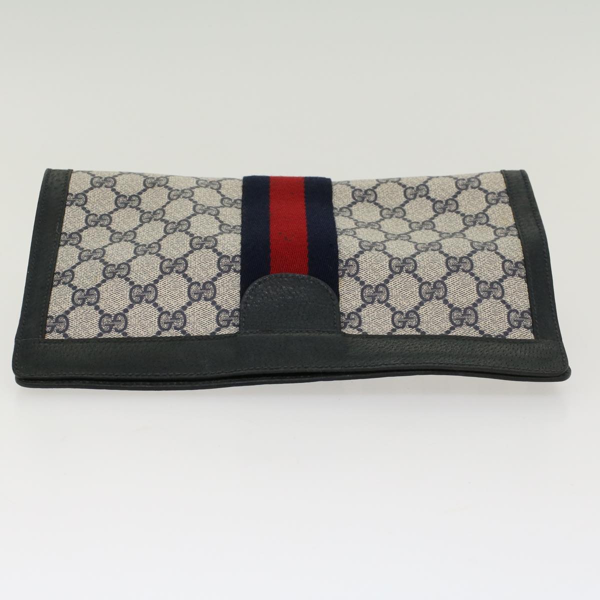 GUCCI GG Canvas Sherry Line Clutch Bag Gray Red Navy