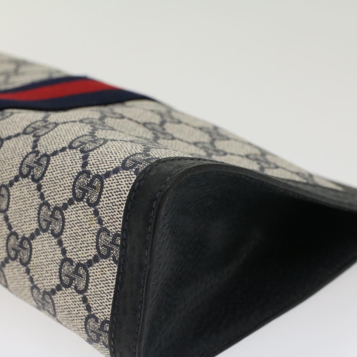 GUCCI GG Canvas Sherry Line Clutch Bag Gray Red Navy