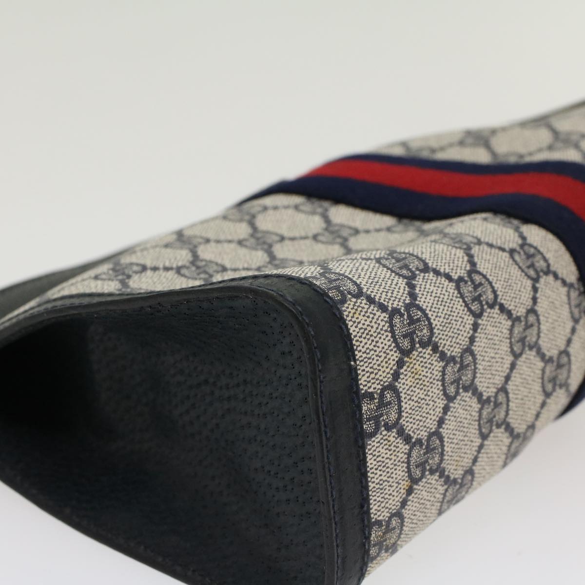 GUCCI GG Canvas Sherry Line Clutch Bag Gray Red Navy