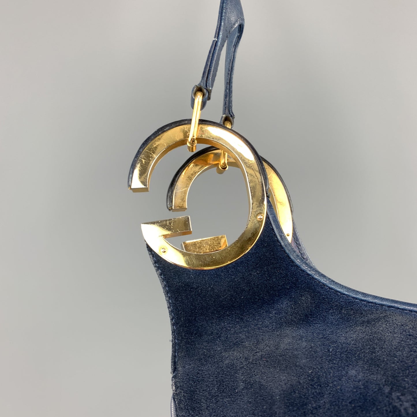 Vintage GUCCI Navy Blue Suede Gold Tone GG Shoulder Bag