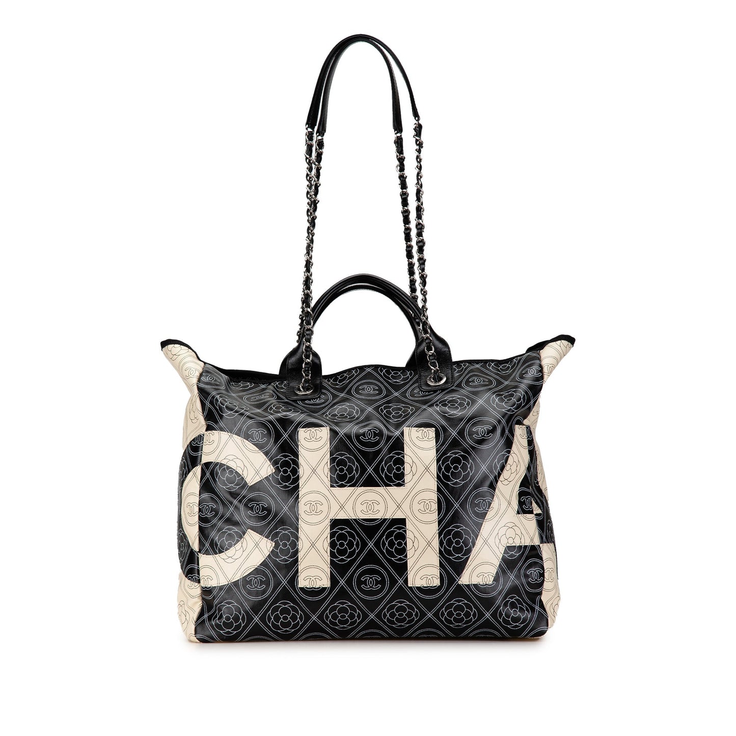 Black Chanel Coated Canvas Camellia Logo Deauville Shopping Tote Satchel