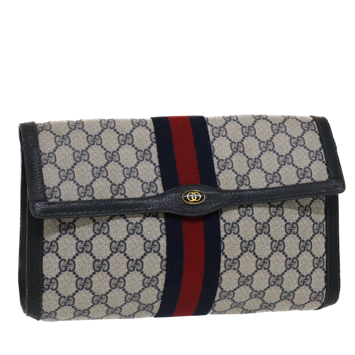 GUCCI GG Canvas Sherry Line Clutch Bag PVC Leather Navy Red