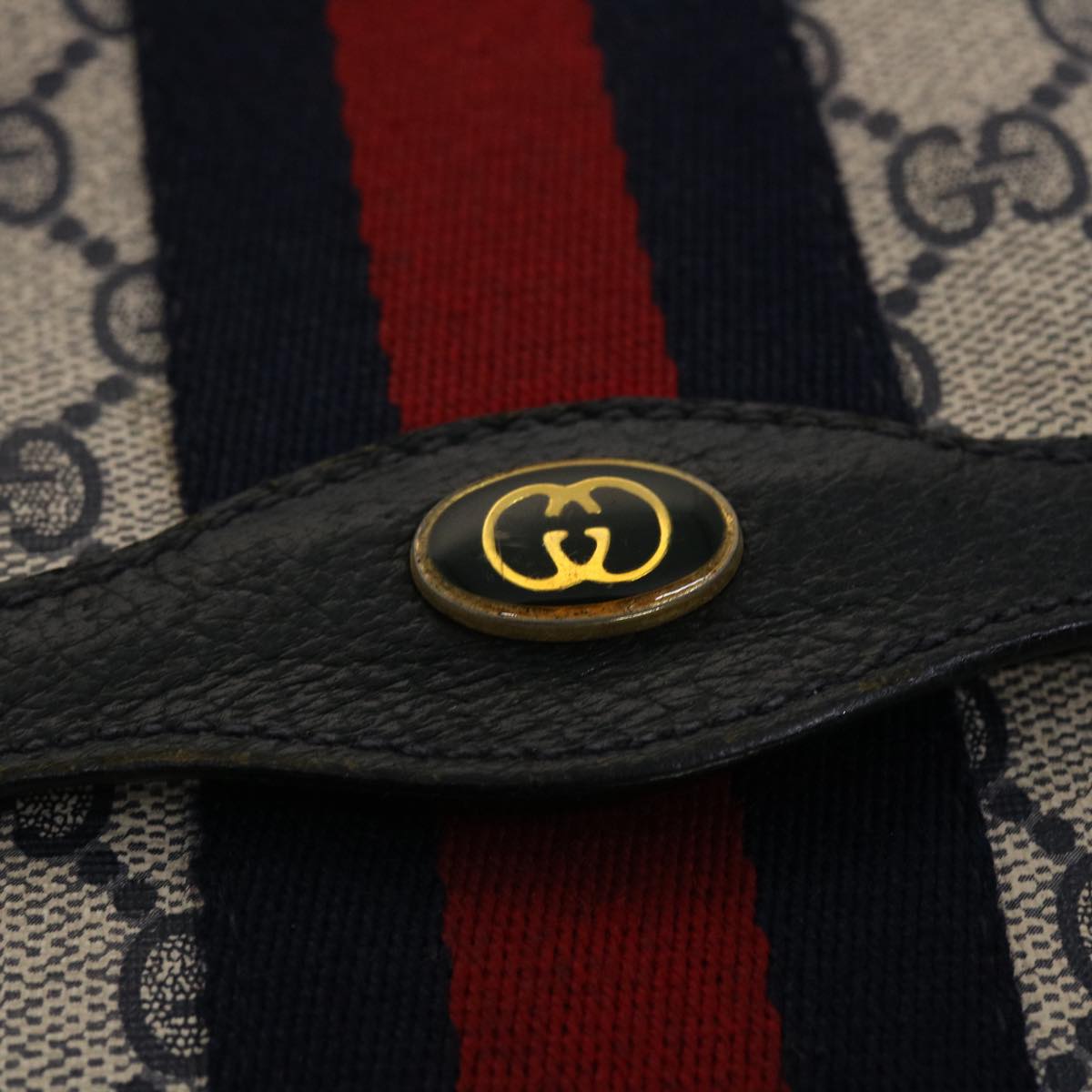 GUCCI GG Canvas Sherry Line Clutch Bag PVC Leather Navy Red