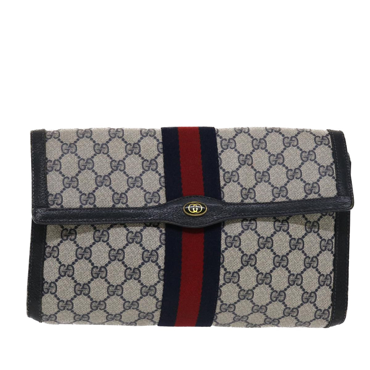 GUCCI GG Canvas Sherry Line Clutch Bag PVC Leather Navy Red