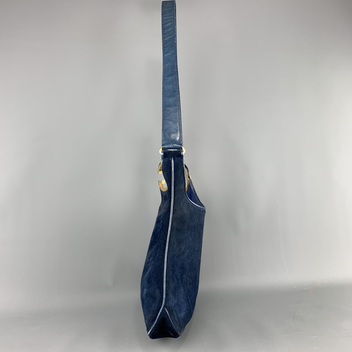 Vintage GUCCI Navy Blue Suede Gold Tone GG Shoulder Bag