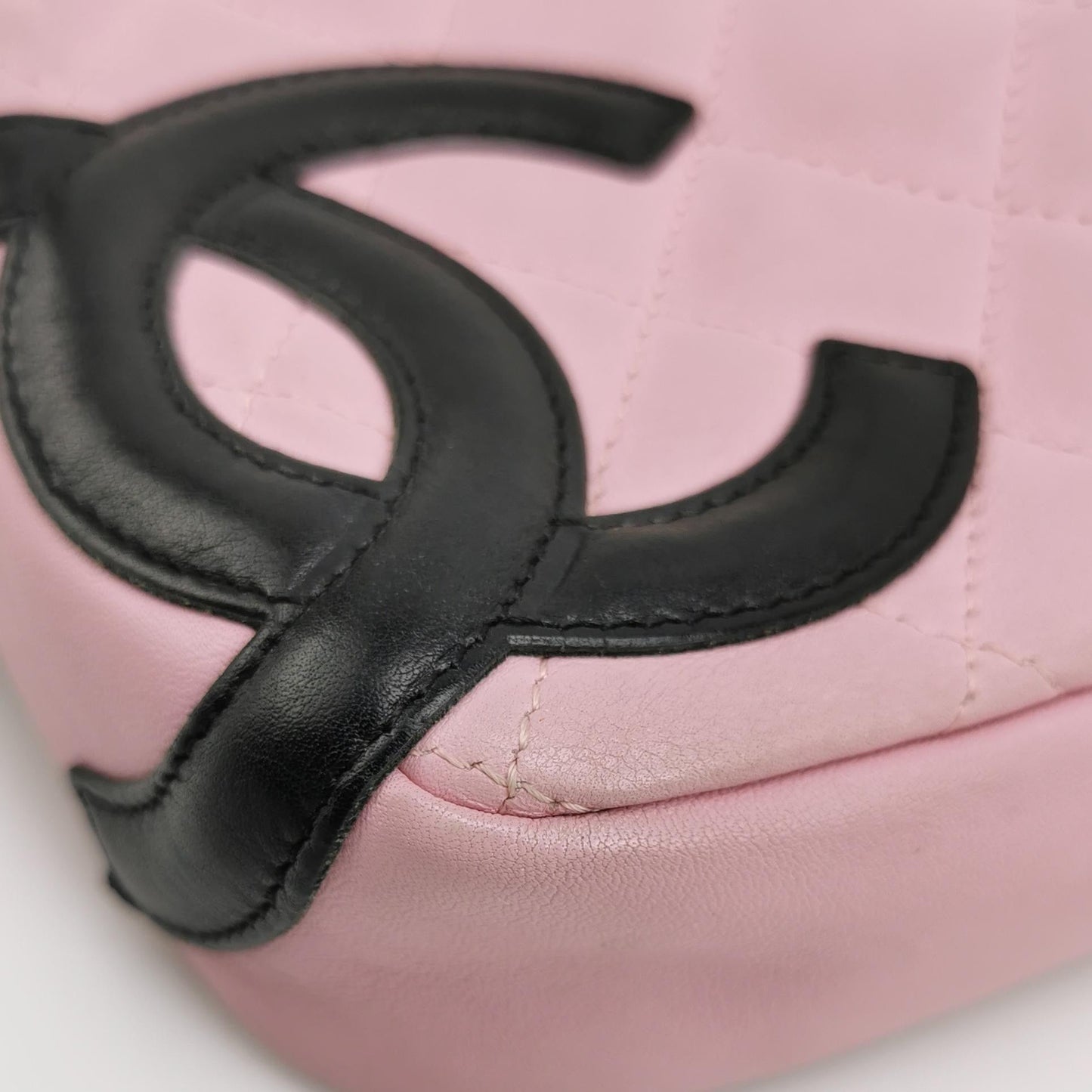 Chanel Cambon Clutch Shoulder Bag Pink Calfskin Leather Black Strap