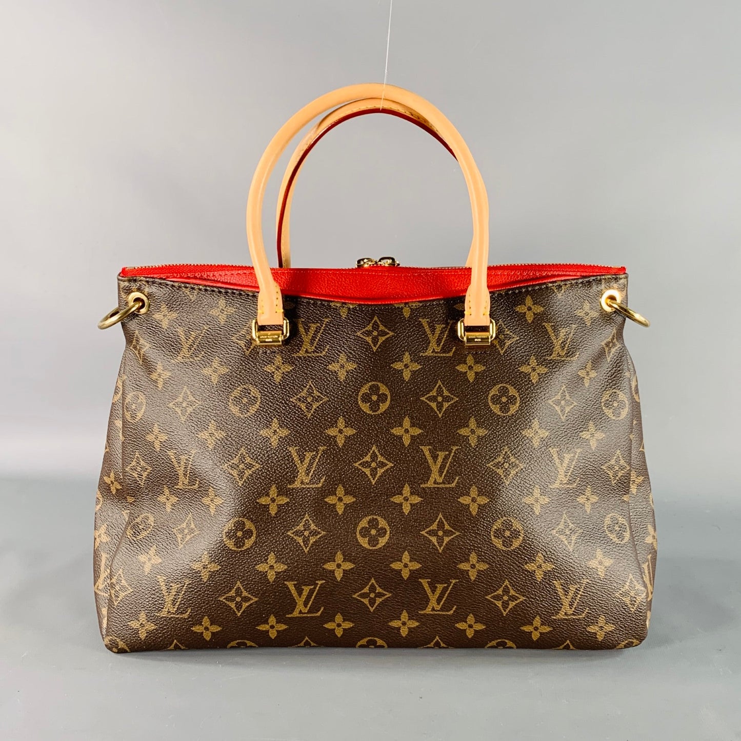 LOUIS VUITTON Pallas Brown Beige Red Monogram Coated Canvas Shoulder Handbag