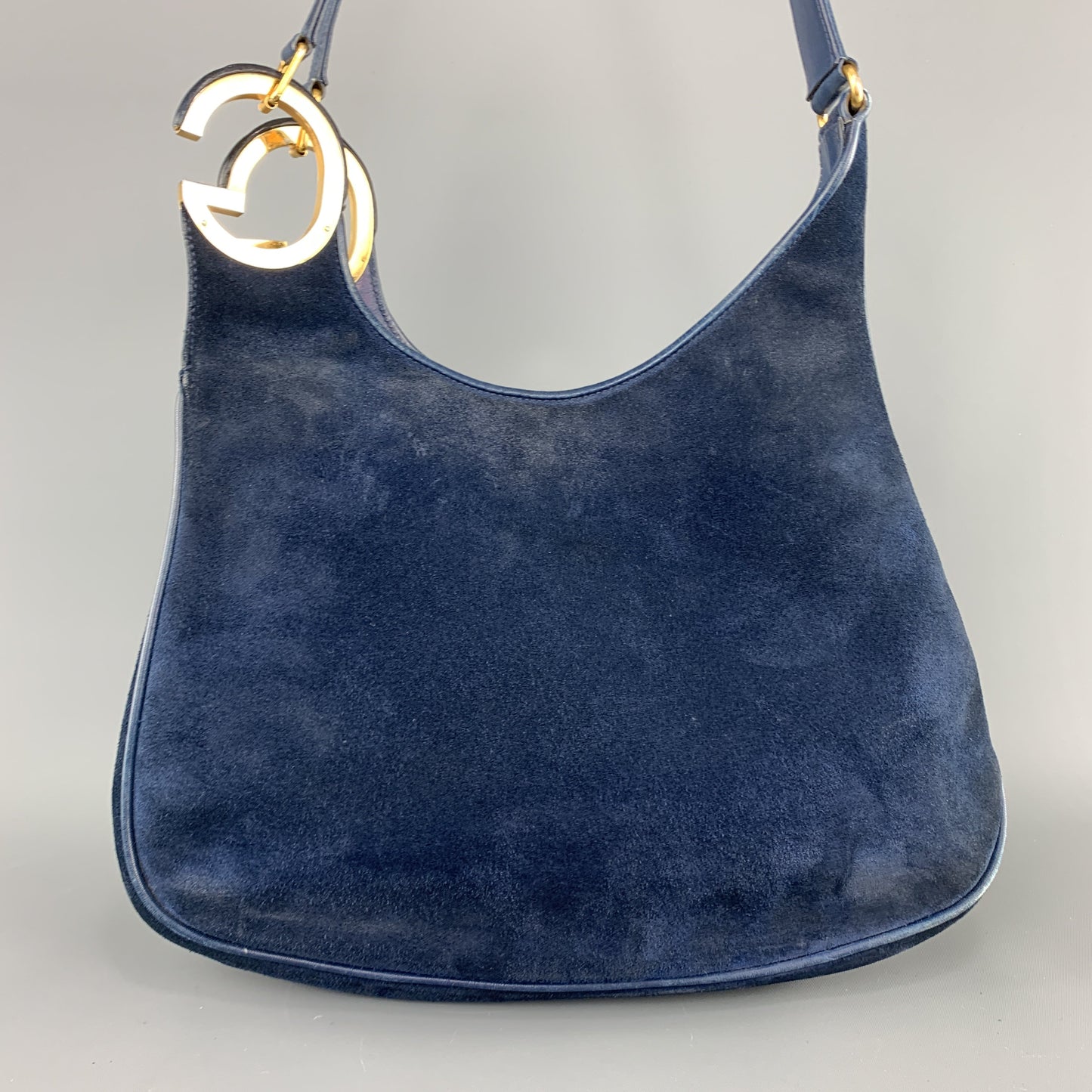 Vintage GUCCI Navy Blue Suede Gold Tone GG Shoulder Bag