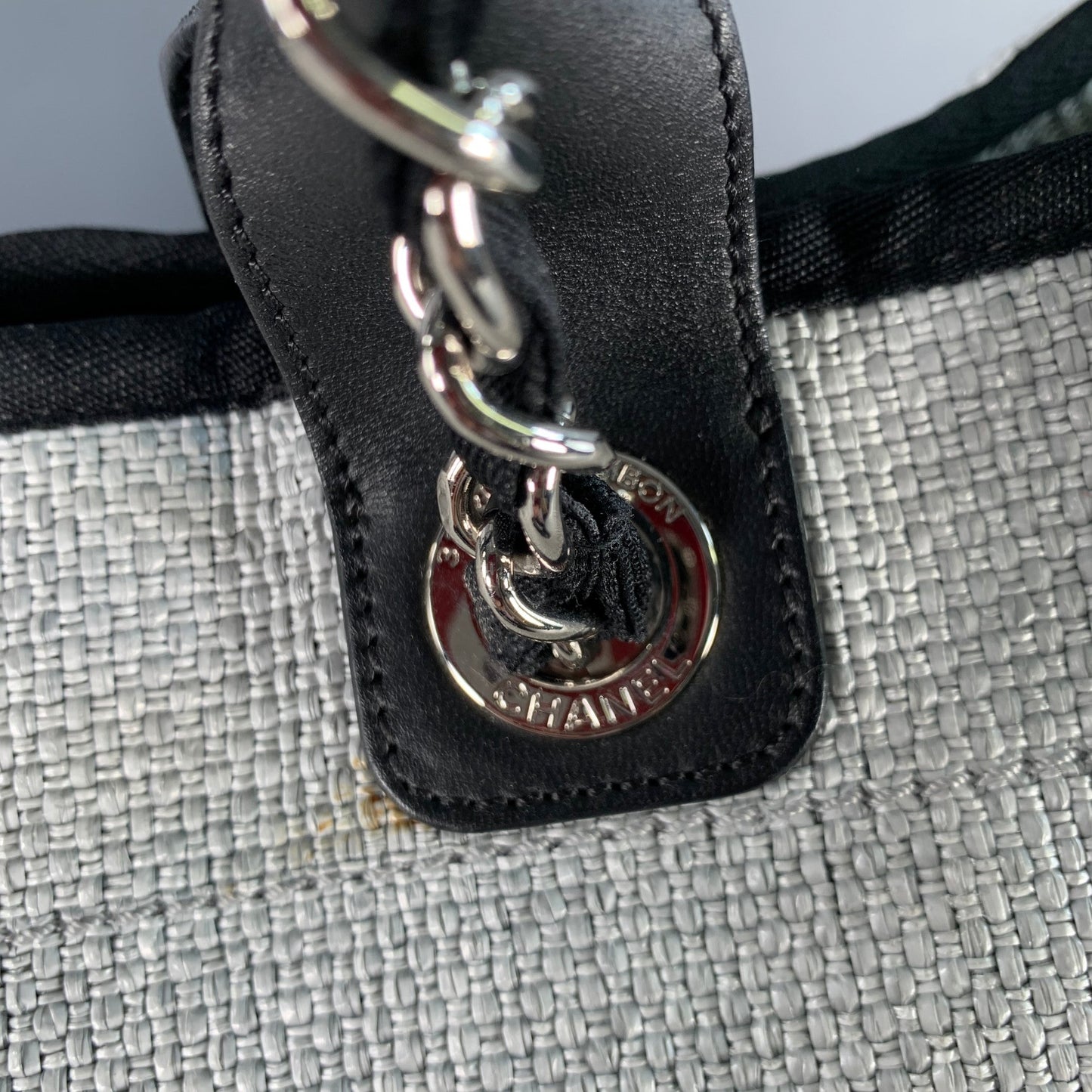 CHANEL Deanville Black Grey Tweed Straw Canvas Tote Leather Handles Handbag