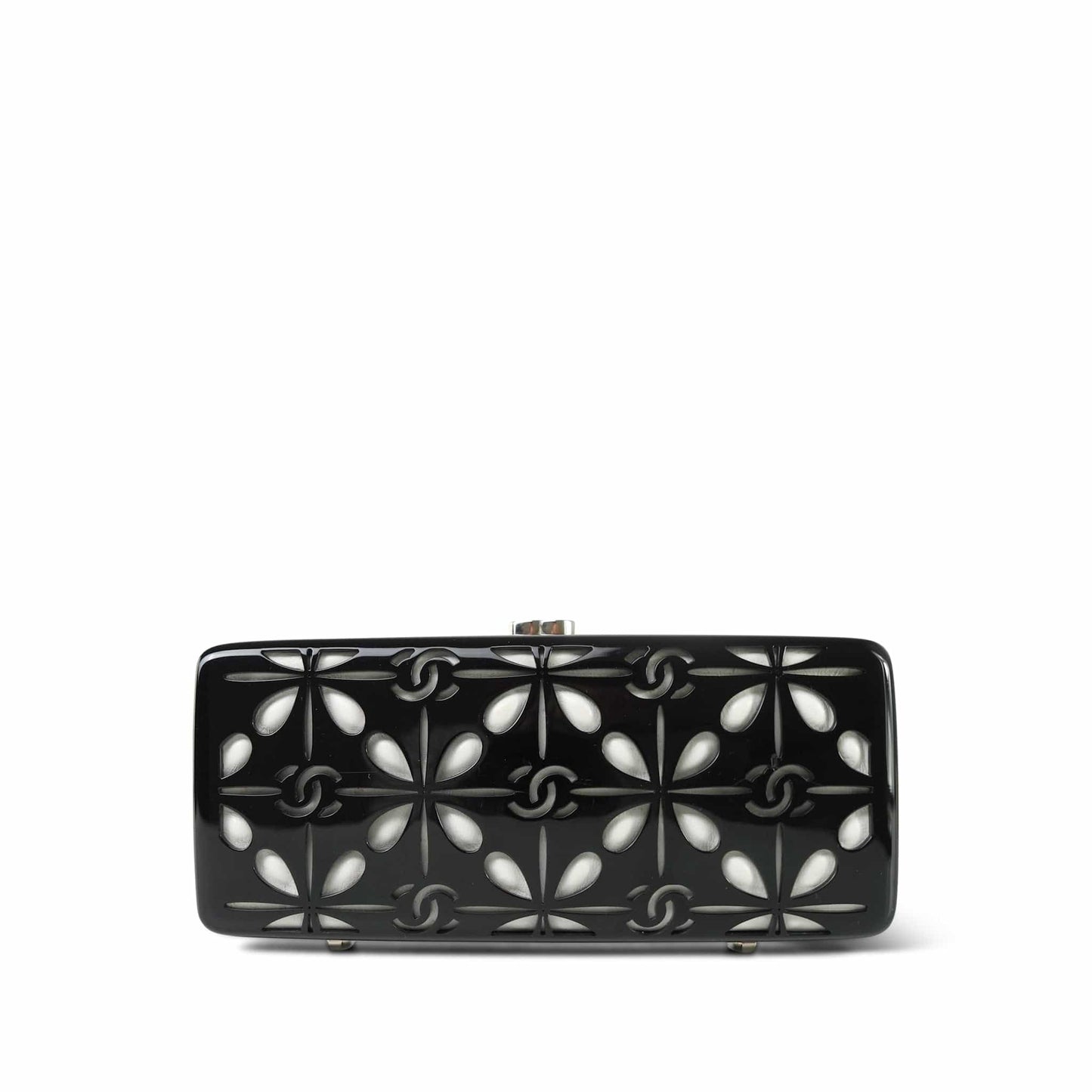 Black White CC Acrylic Minaudiere Box Clutch On Chain Silver Hardware