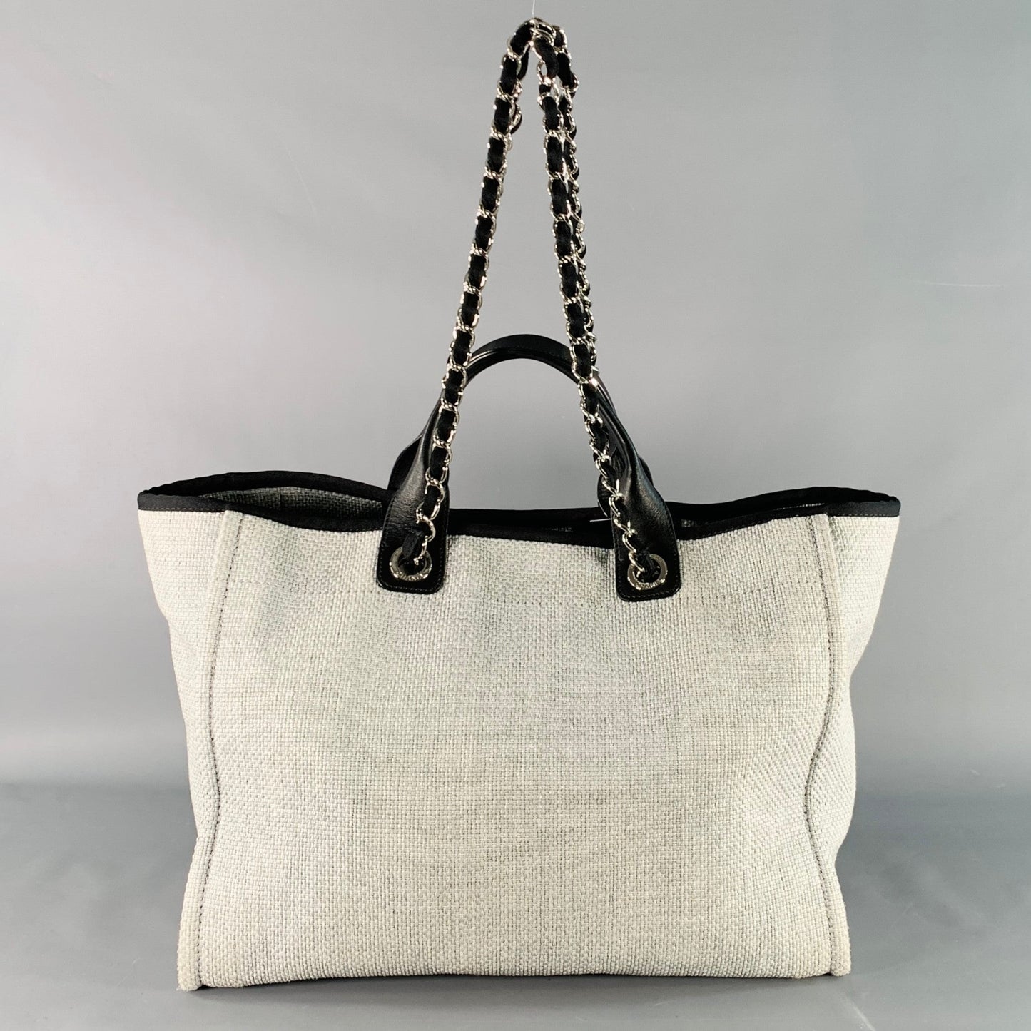 CHANEL Deanville Black Grey Tweed Straw Canvas Tote Leather Handles Handbag