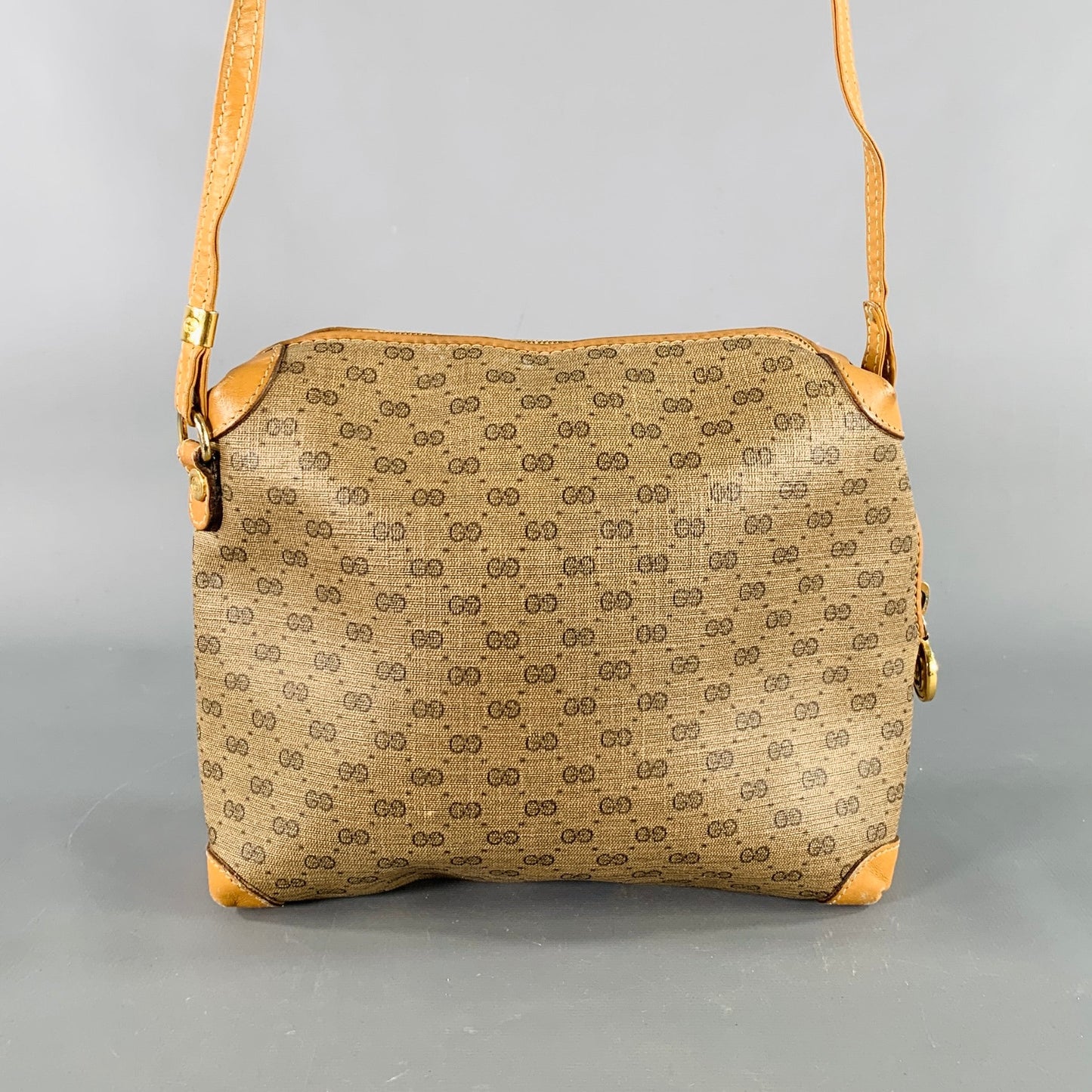 GUCCI Beige Tan Monogram Leather Coated Canvas Crossbody Handbag