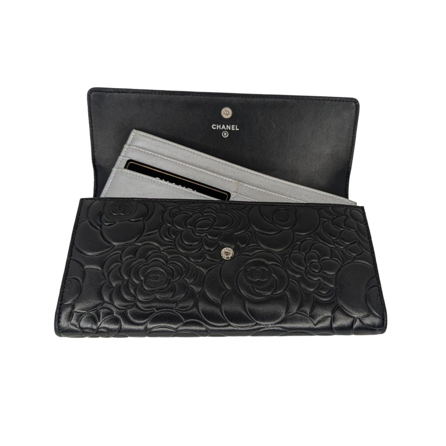 Chanel Camellia Embossed Large Flap Clutch Wallet with Card Insert