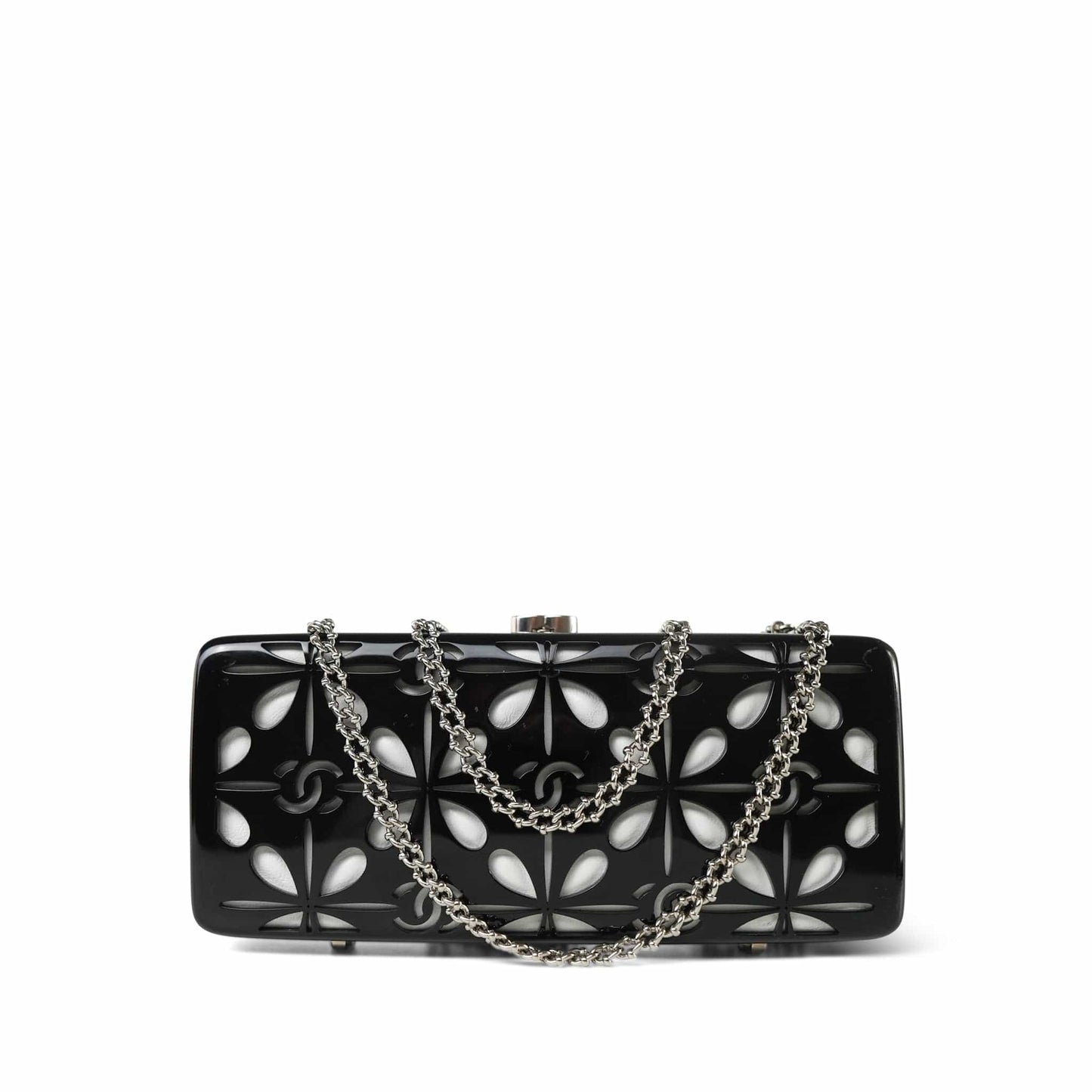 Black White CC Acrylic Minaudiere Box Clutch On Chain Silver Hardware