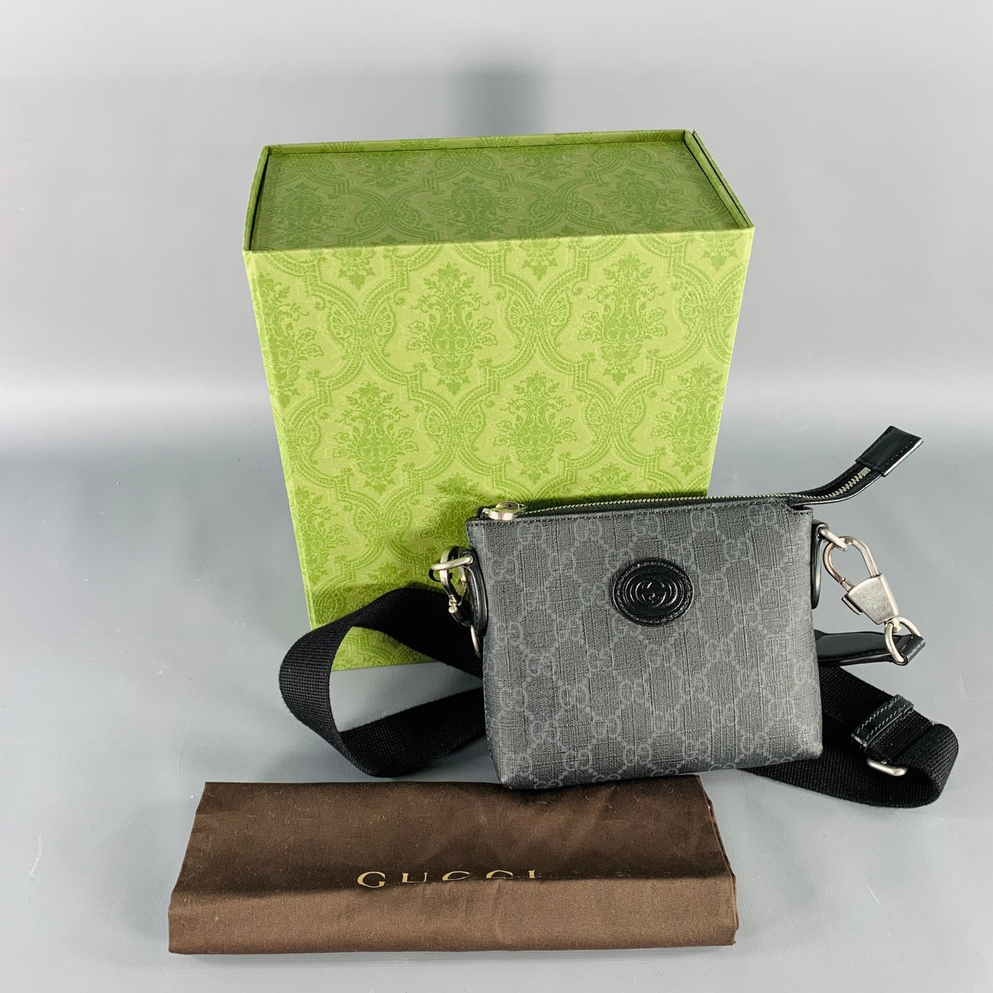GUCCI Guccissima Black Grey Monogram Coated Canvas Leather Crossbody Bag