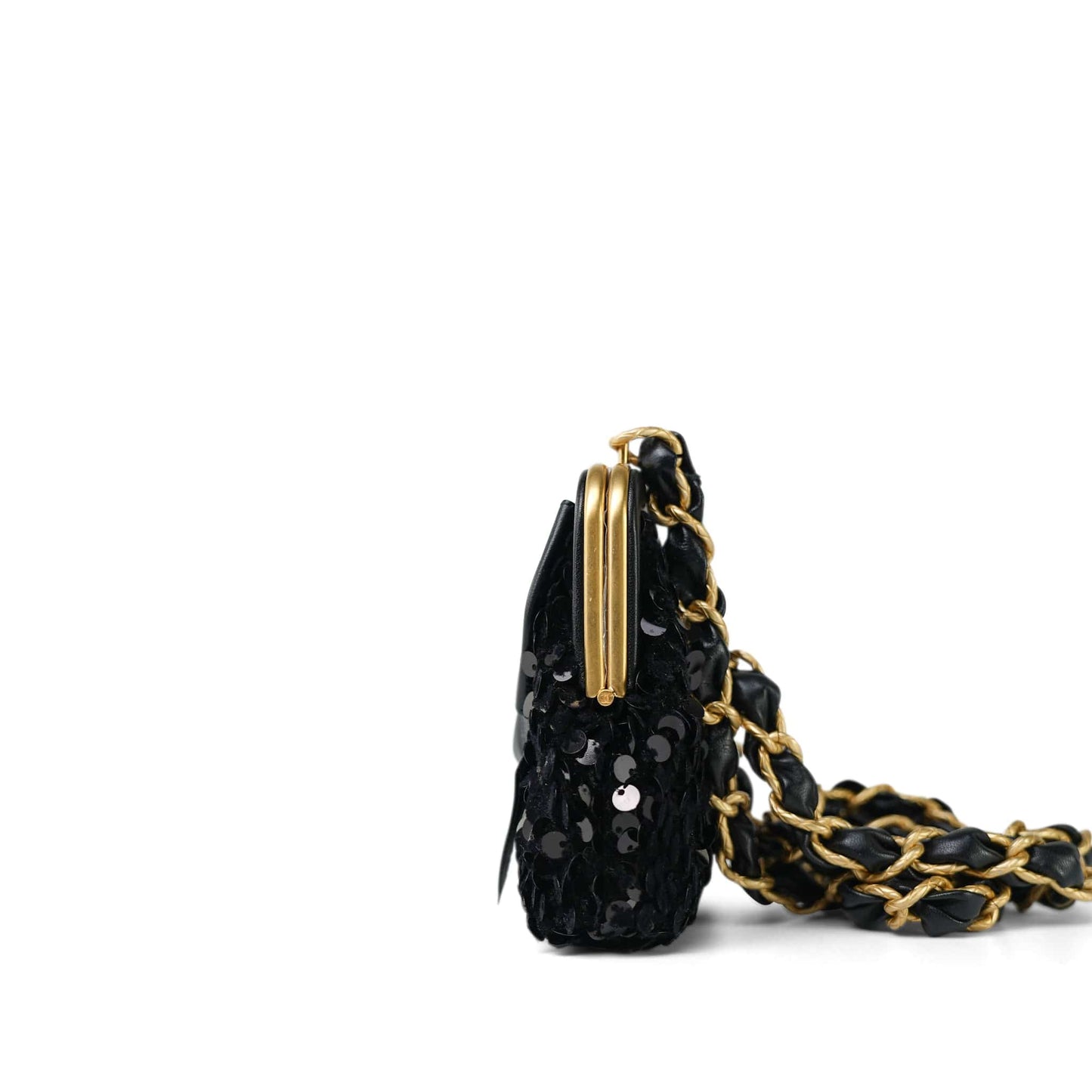 24A Black Sequin Tweed Lambskin Bow Clutch With Chain Aged Gold Hardware