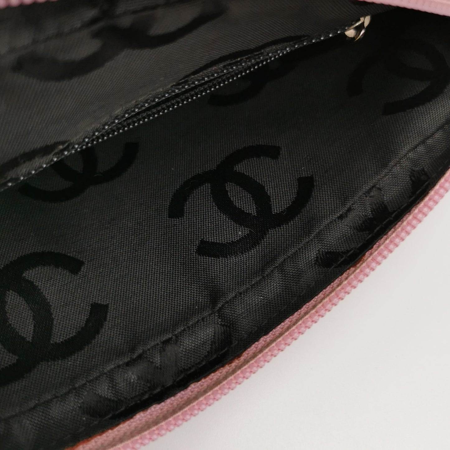 Chanel Cambon Clutch Shoulder Bag Pink Calfskin Leather Black Strap