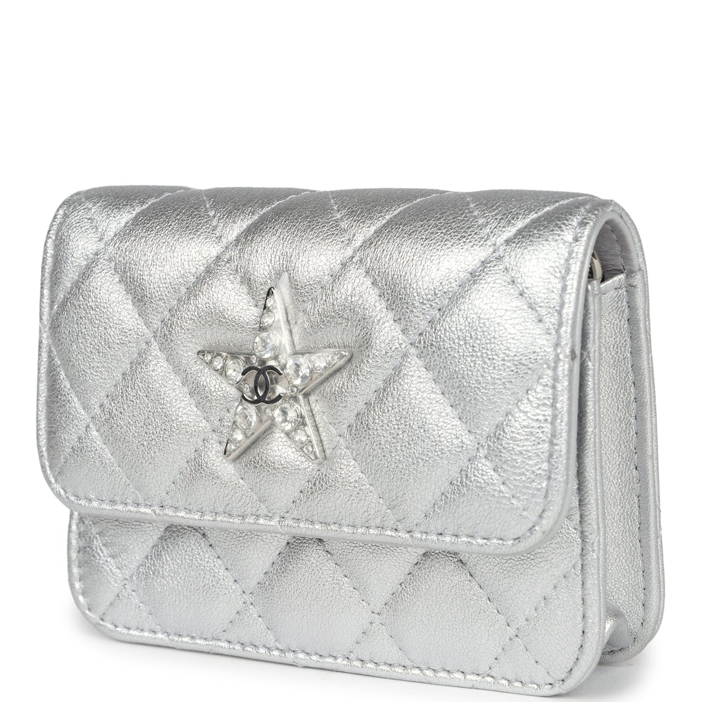 Chanel Crystal CC Walk Of Fame Clutch Wallet Silver Metallic Goatskin Silver Hardware
