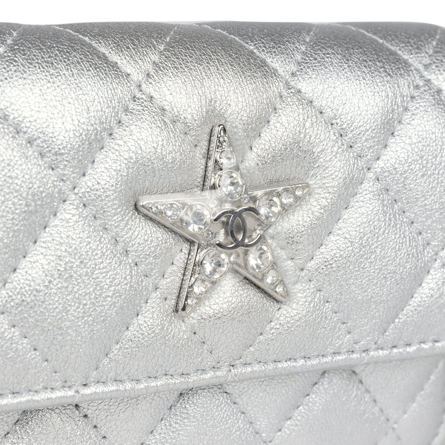 Chanel Crystal CC Walk Of Fame Clutch Wallet Silver Metallic Goatskin Silver Hardware