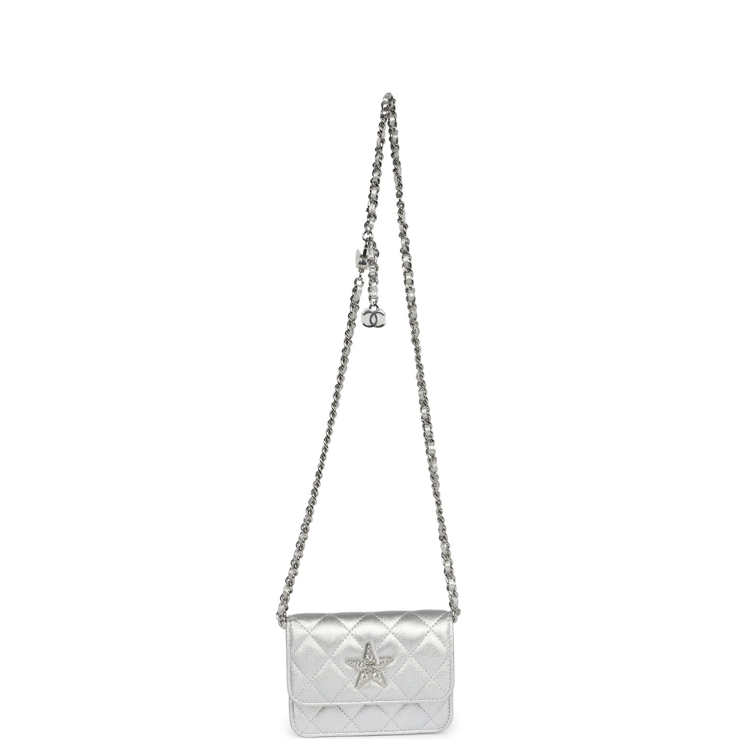 Chanel Crystal CC Walk Of Fame Clutch Wallet Silver Metallic Goatskin Silver Hardware