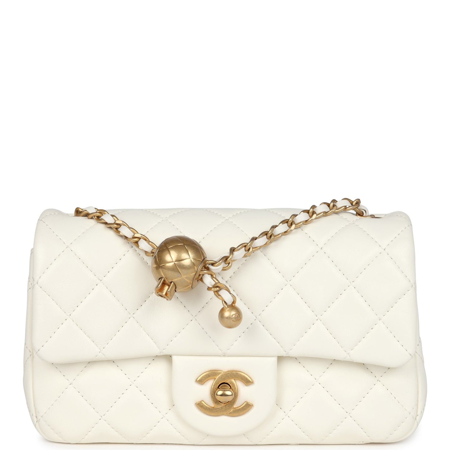 Chanel Mini Square Pearl Crush Flap Bag White Lambskin Antique Gold Hardware