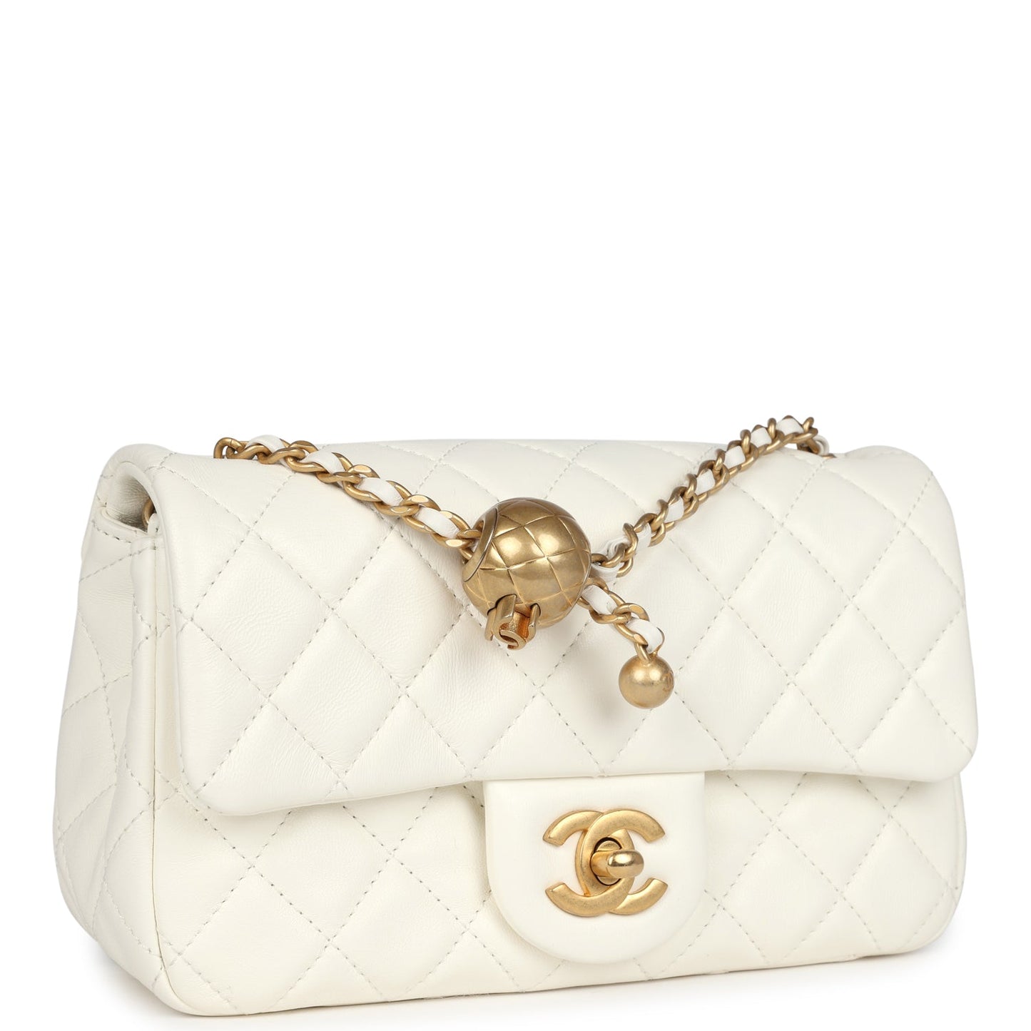 Chanel Mini Square Pearl Crush Flap Bag White Lambskin Antique Gold Hardware