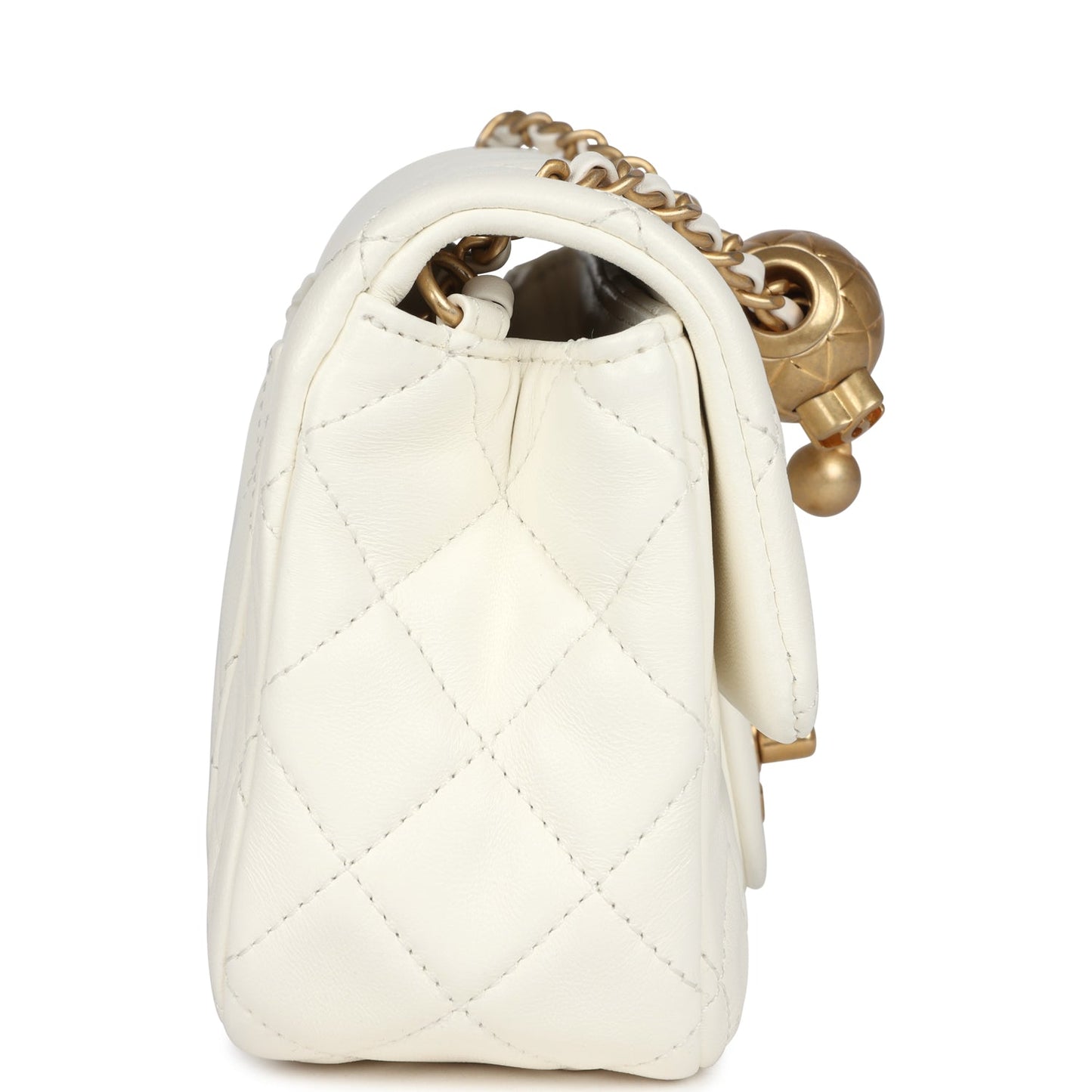 Chanel Mini Square Pearl Crush Flap Bag White Lambskin Antique Gold Hardware