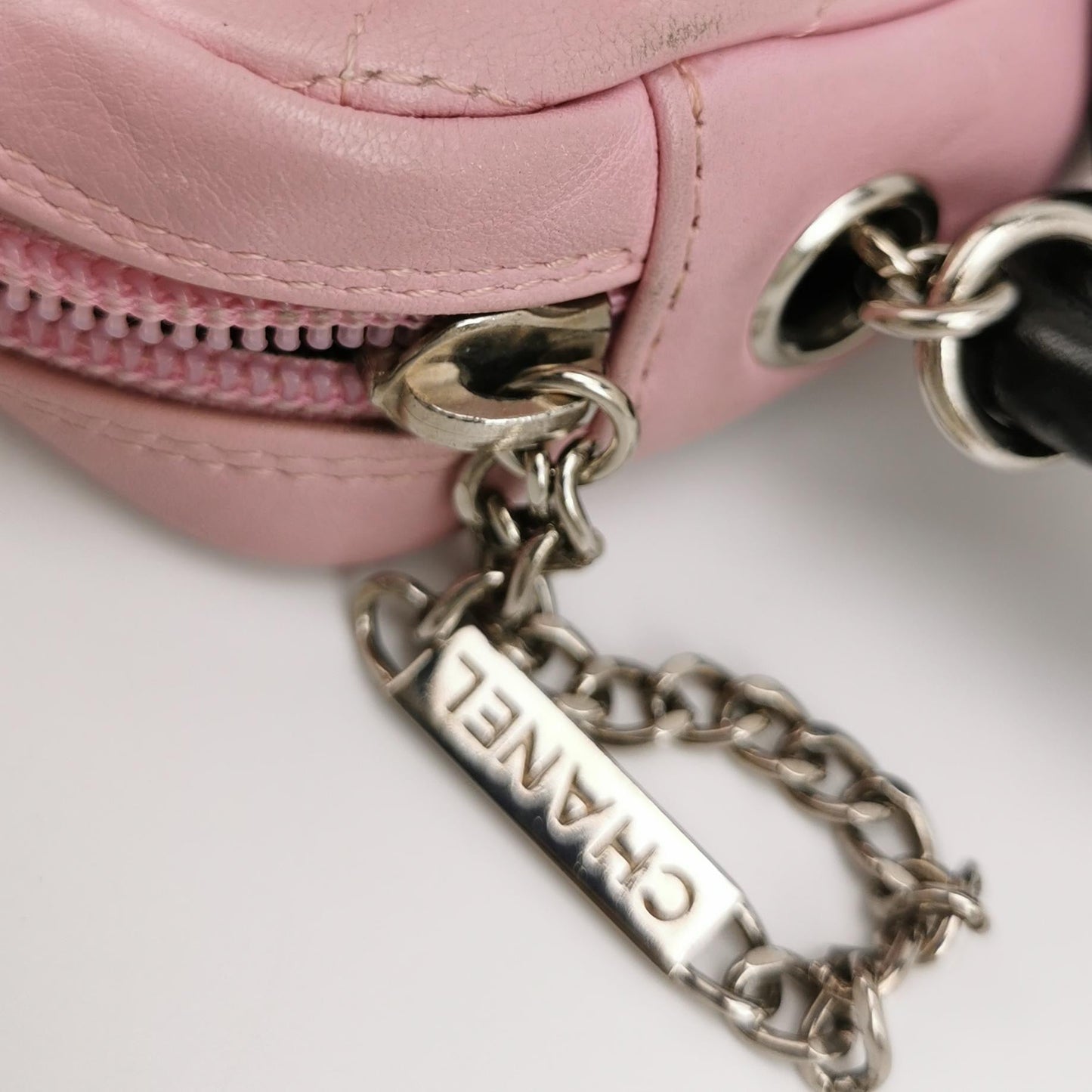 Chanel Cambon Clutch Shoulder Bag Pink Calfskin Leather Black Strap