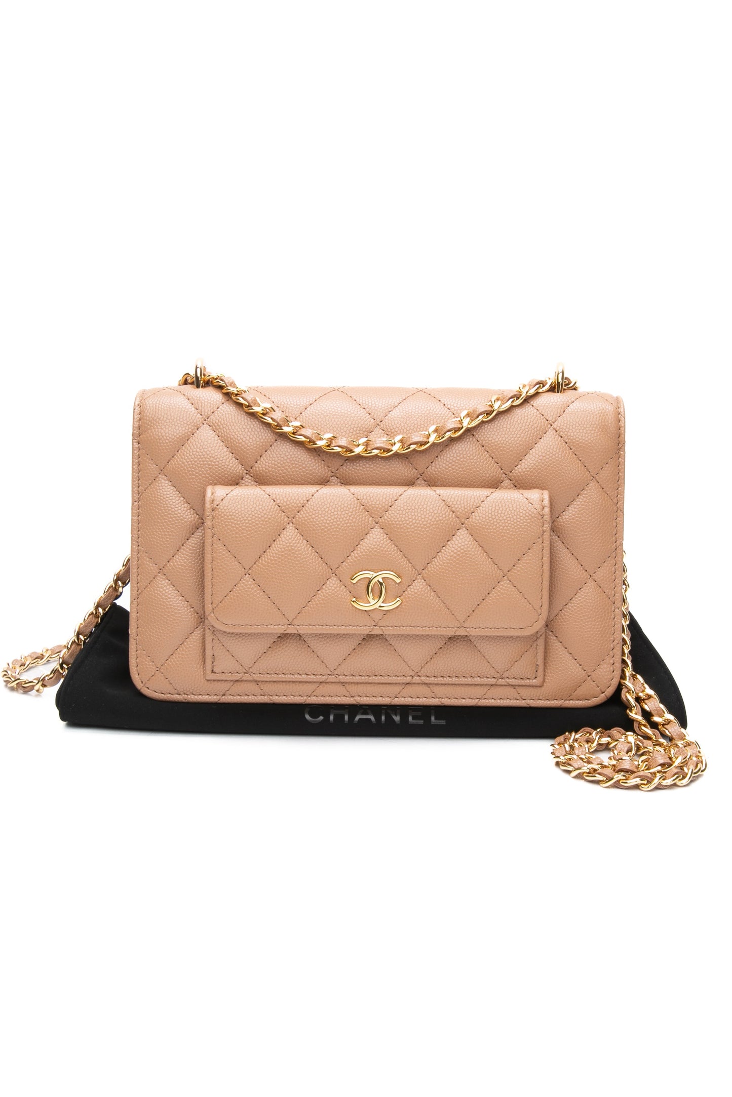 CHANEL Beige Caviar Quilted Pocket Clutch Wallet On Chain WOC