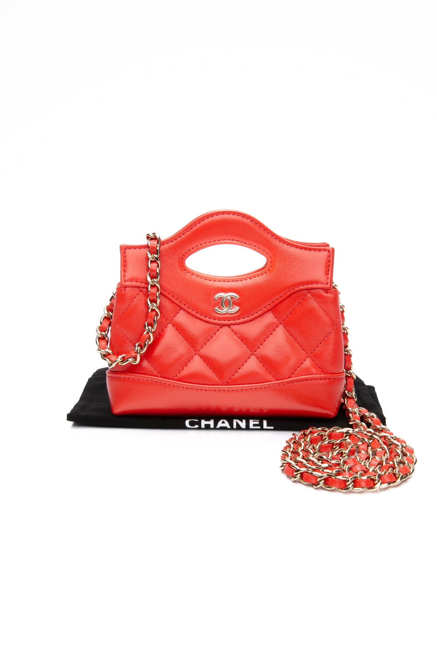 CHANEL Coral Red Shiny Lambskin Quilted Mini 31 Clutch with Chain (New)