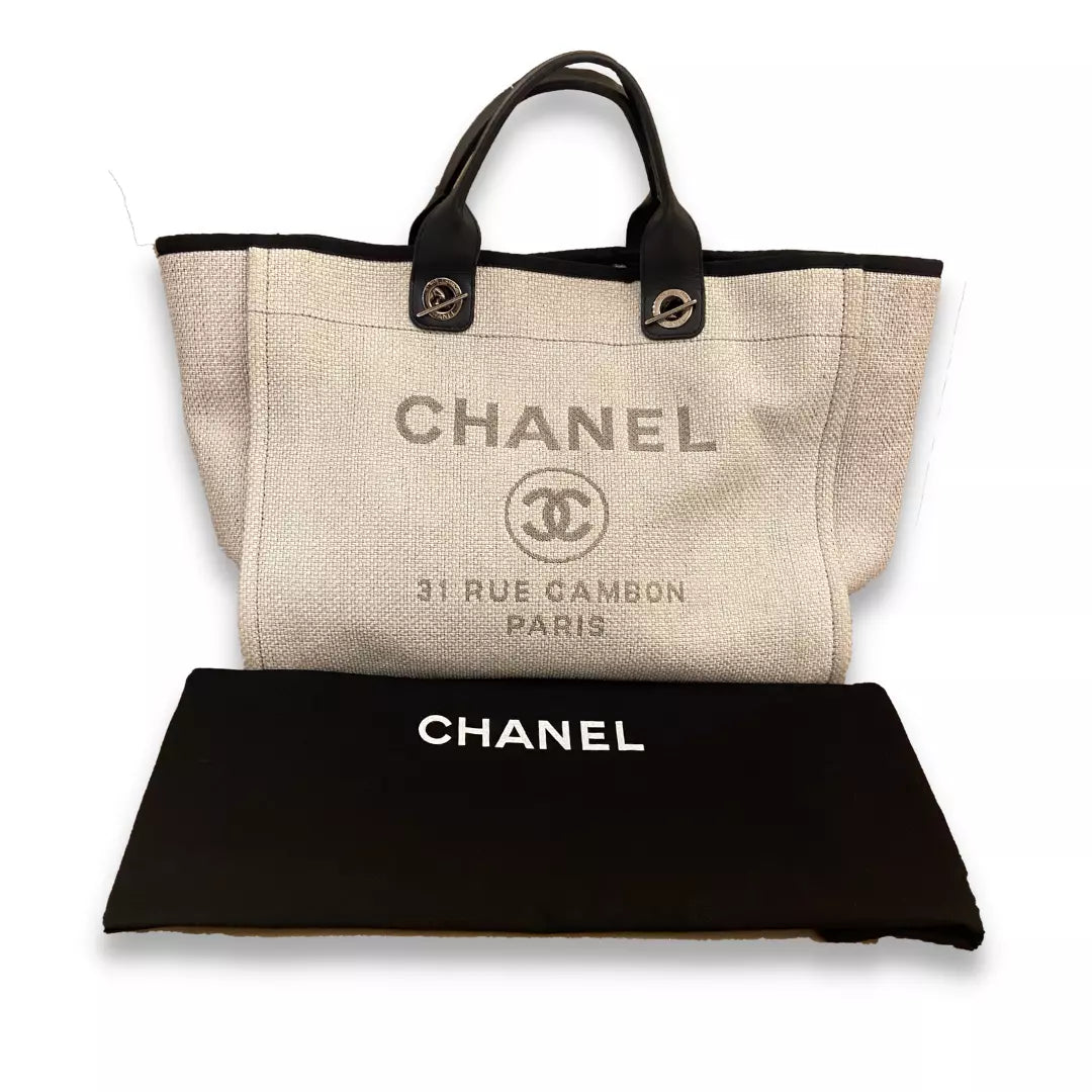 CHANEL WHITE CANVAS DEAUVILLE TOTE BAG