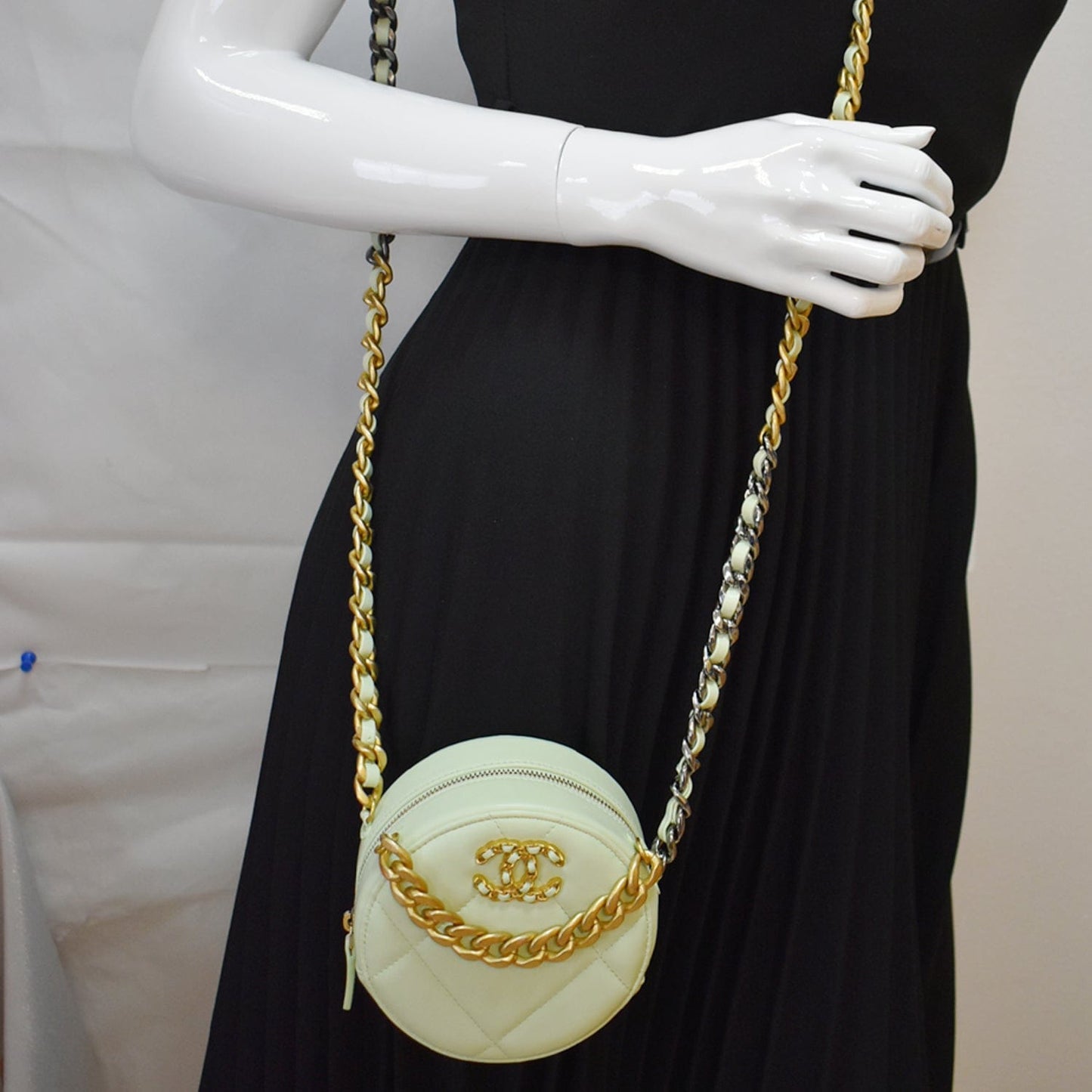 CHANEL 19 Round Quilted Lambskin Leather Clutch Crossbody Bag Light Green