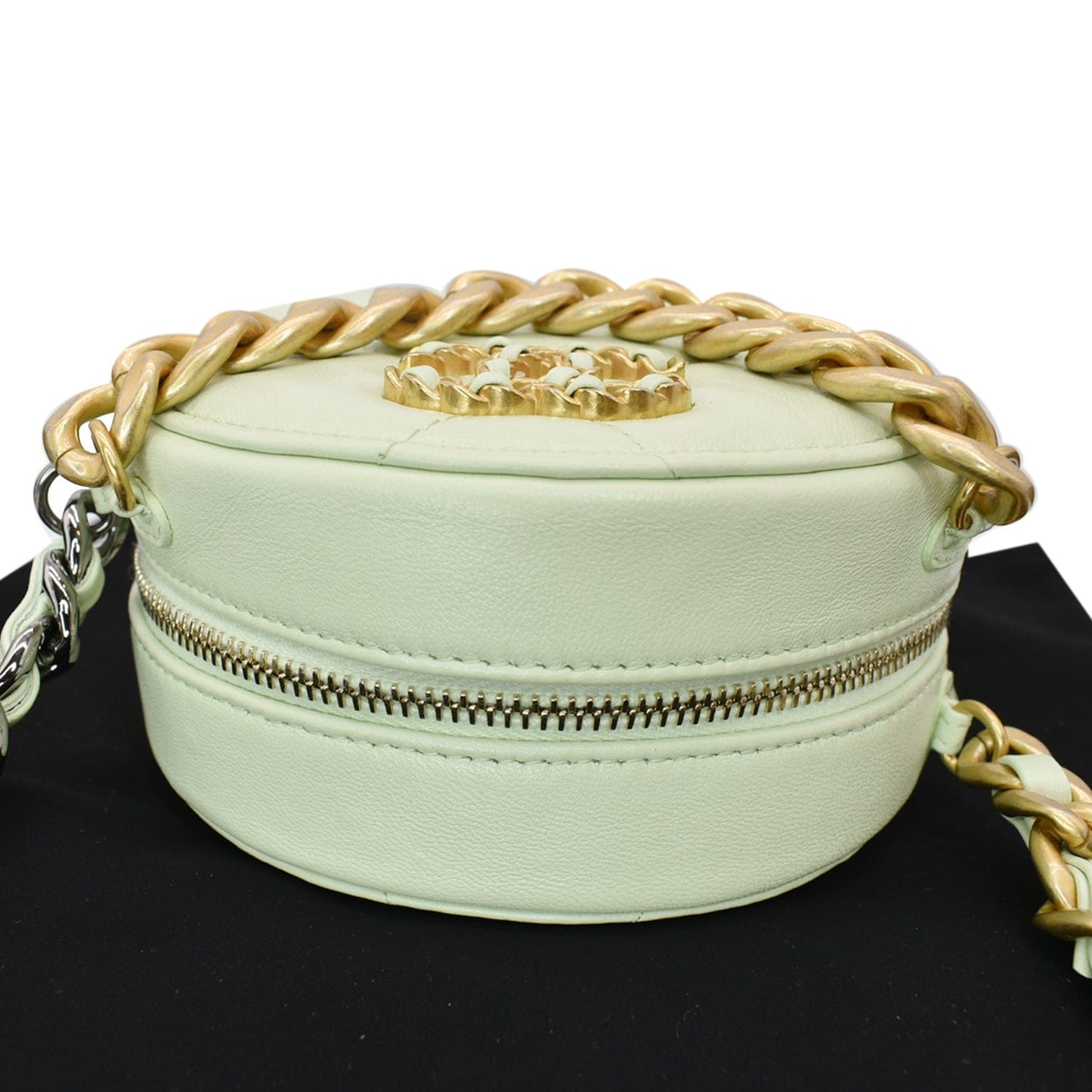 CHANEL 19 Round Quilted Lambskin Leather Clutch Crossbody Bag Light Green